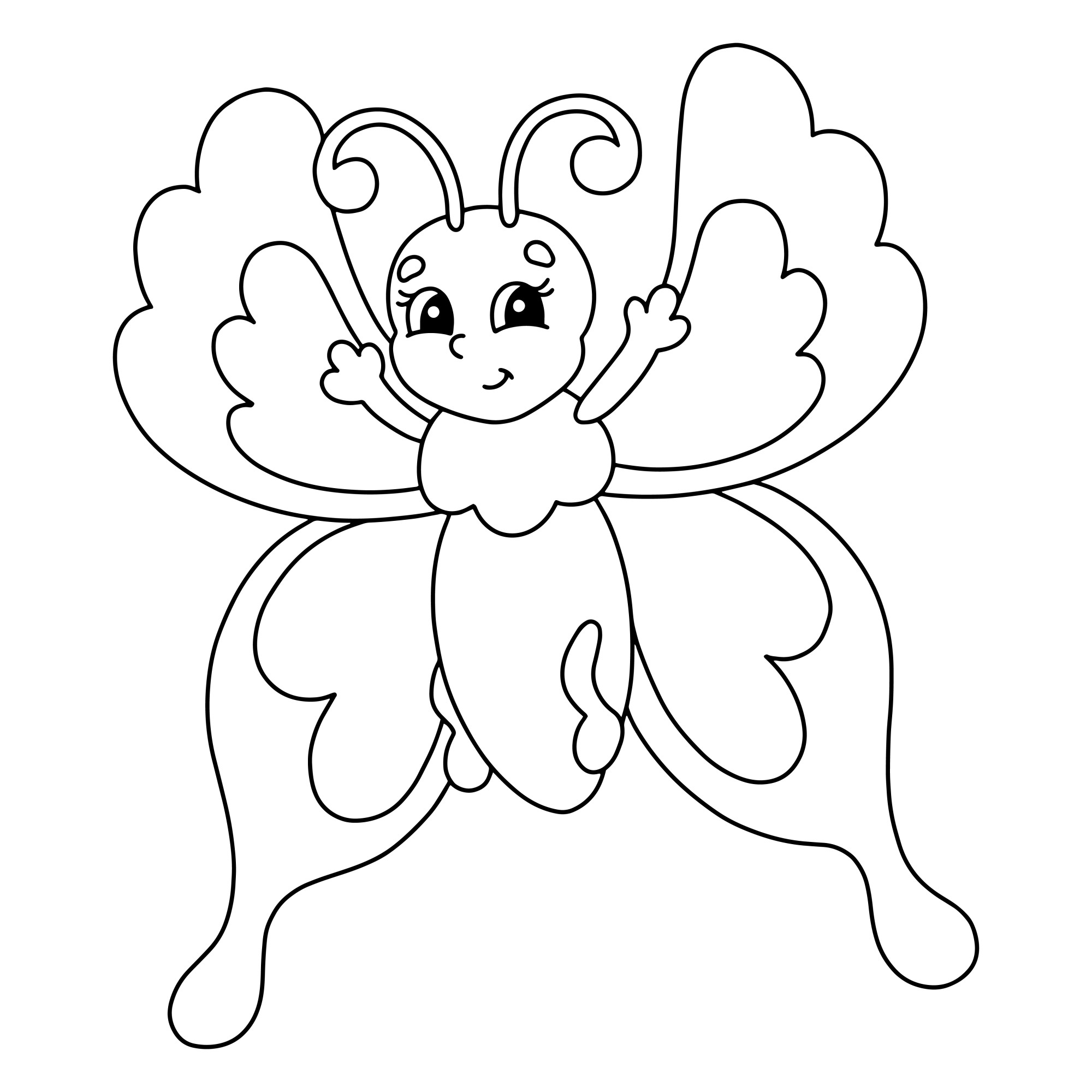 Раскраска для детей: мультяшный персонаж бабочка с поднятыми лапками