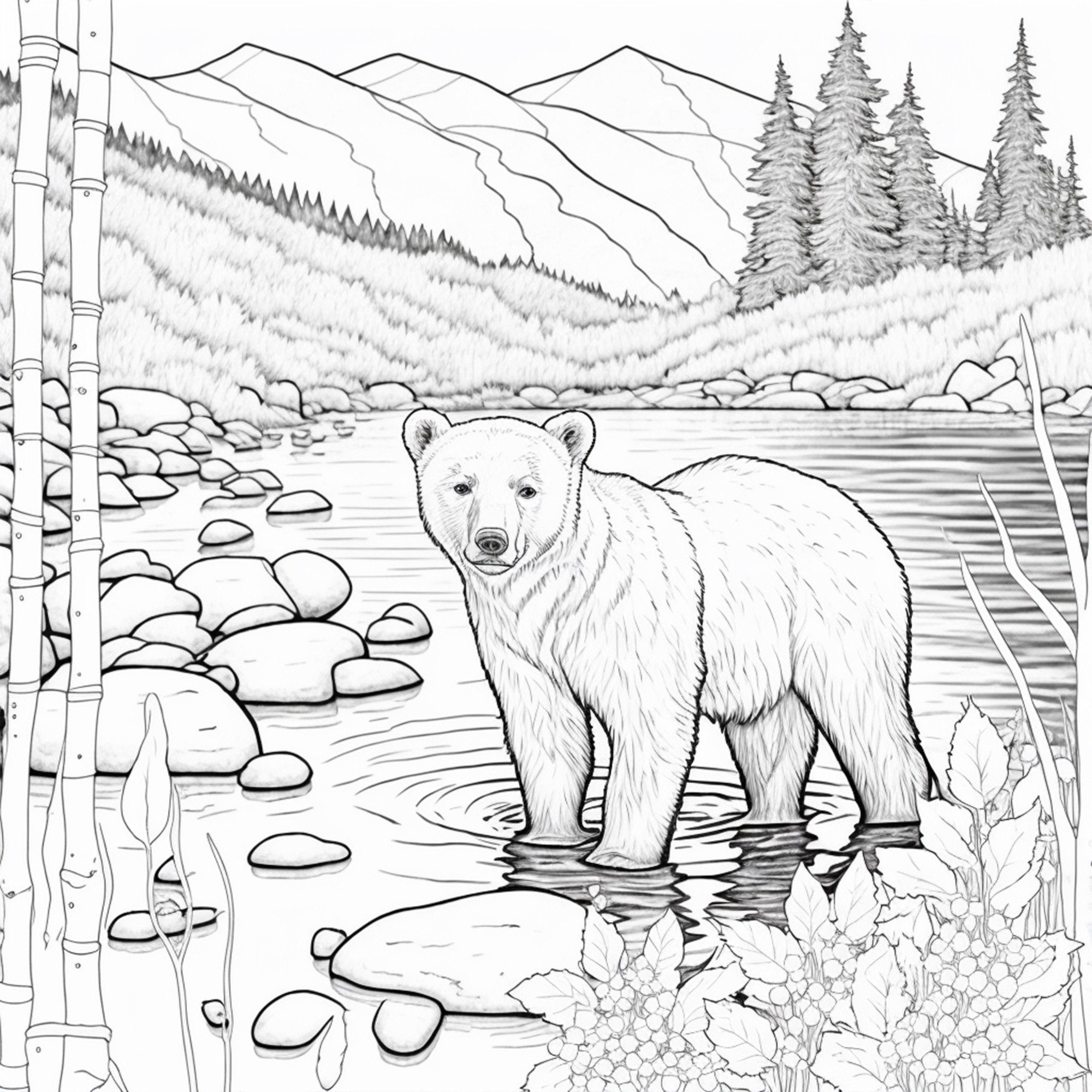 Раскраска для детей: реалистичный медведь стоит в реке