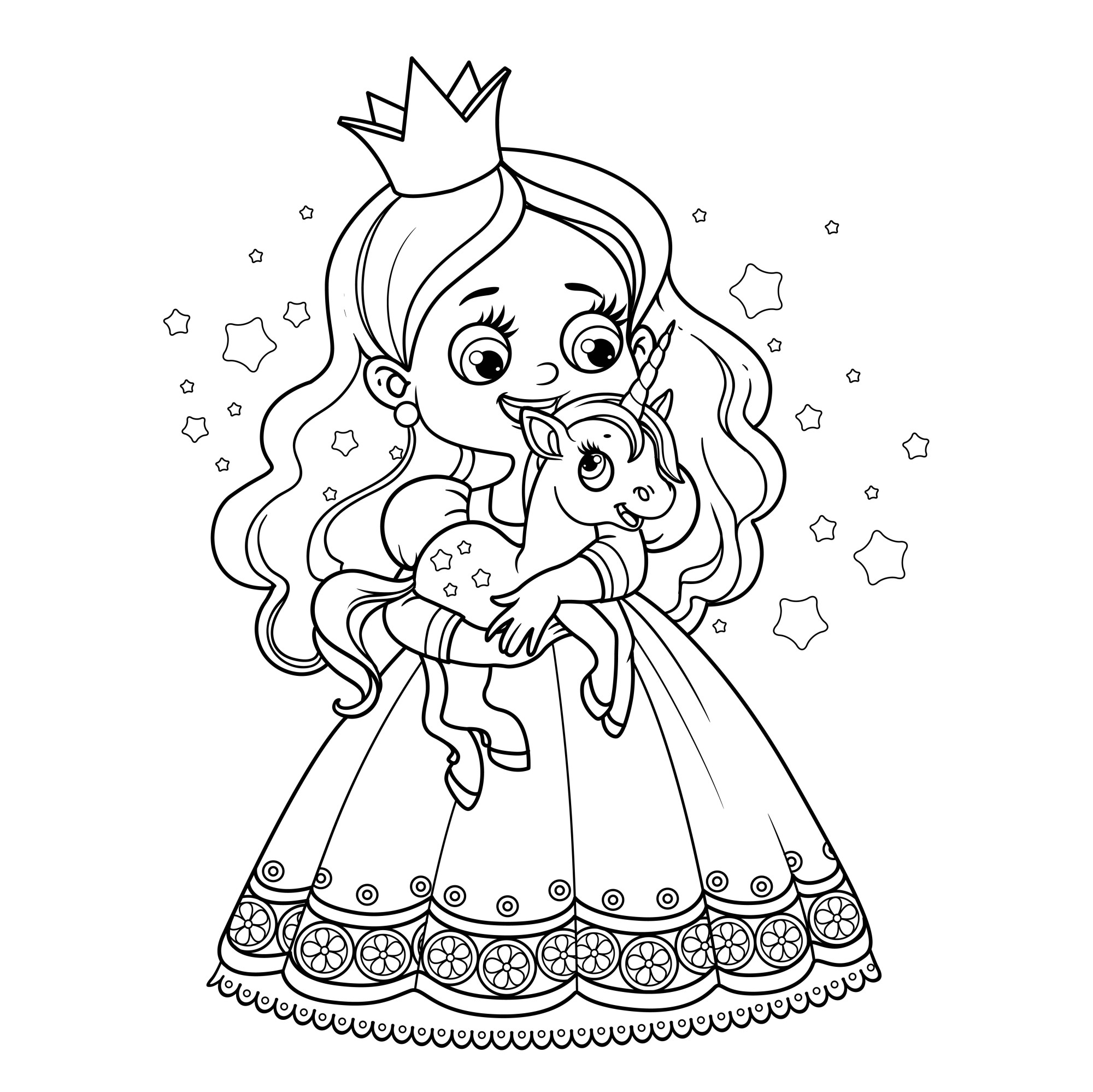 Раскраска для детей: принцесса держит в руках сказочного единорога