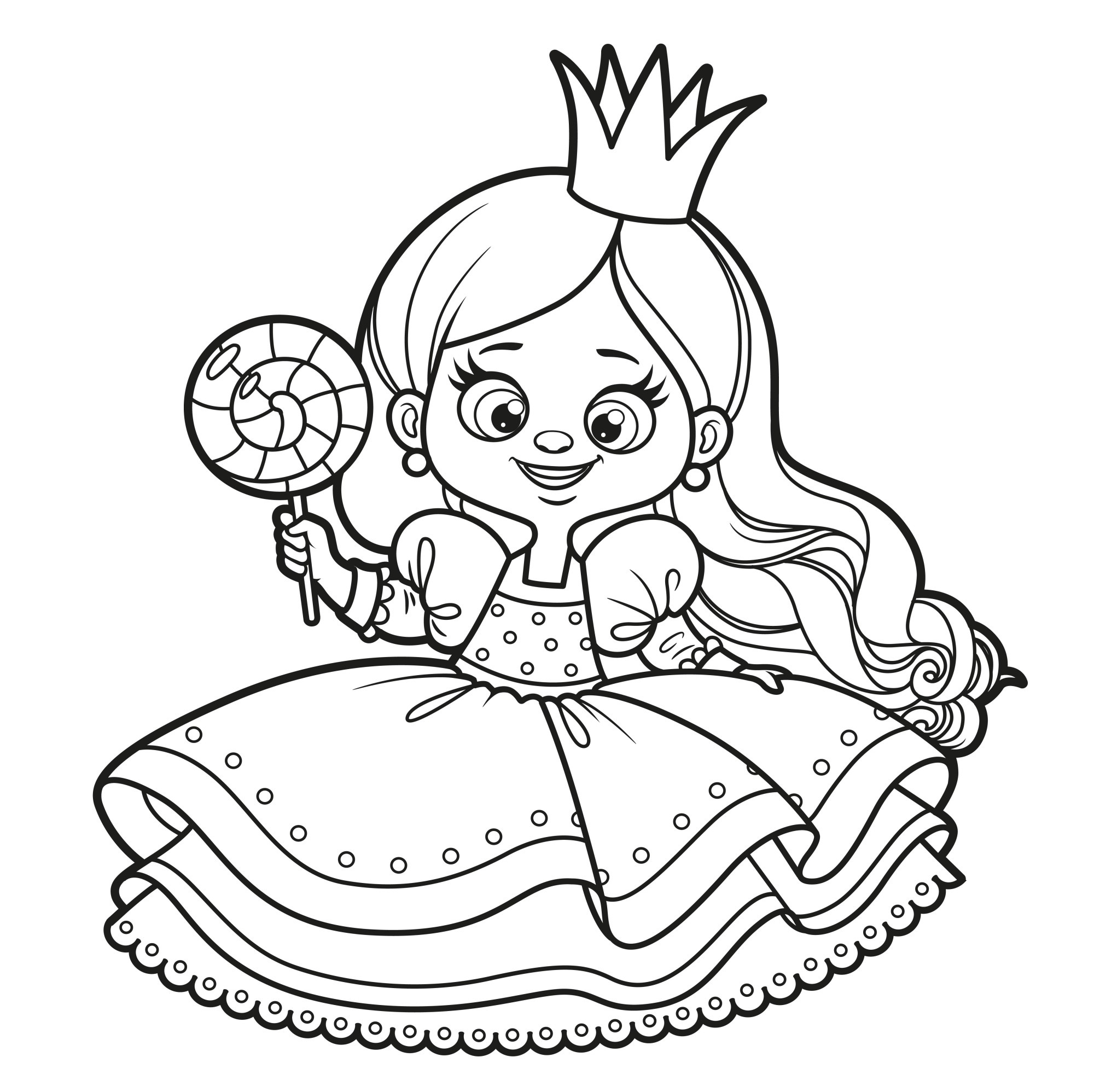 Раскраска для детей: принцесса с большой конфетой в руке