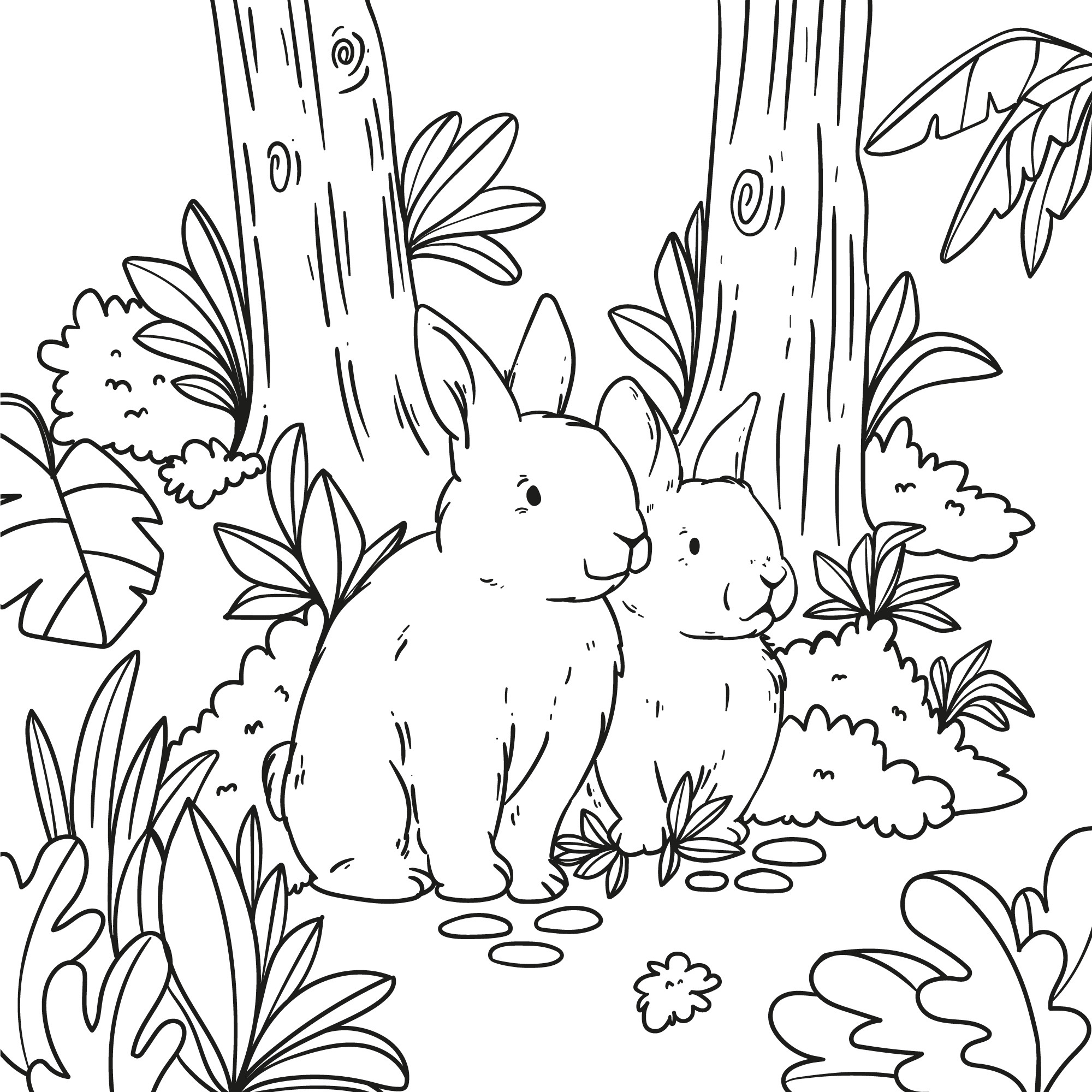 Раскраска для детей: кролики в тени деревьев