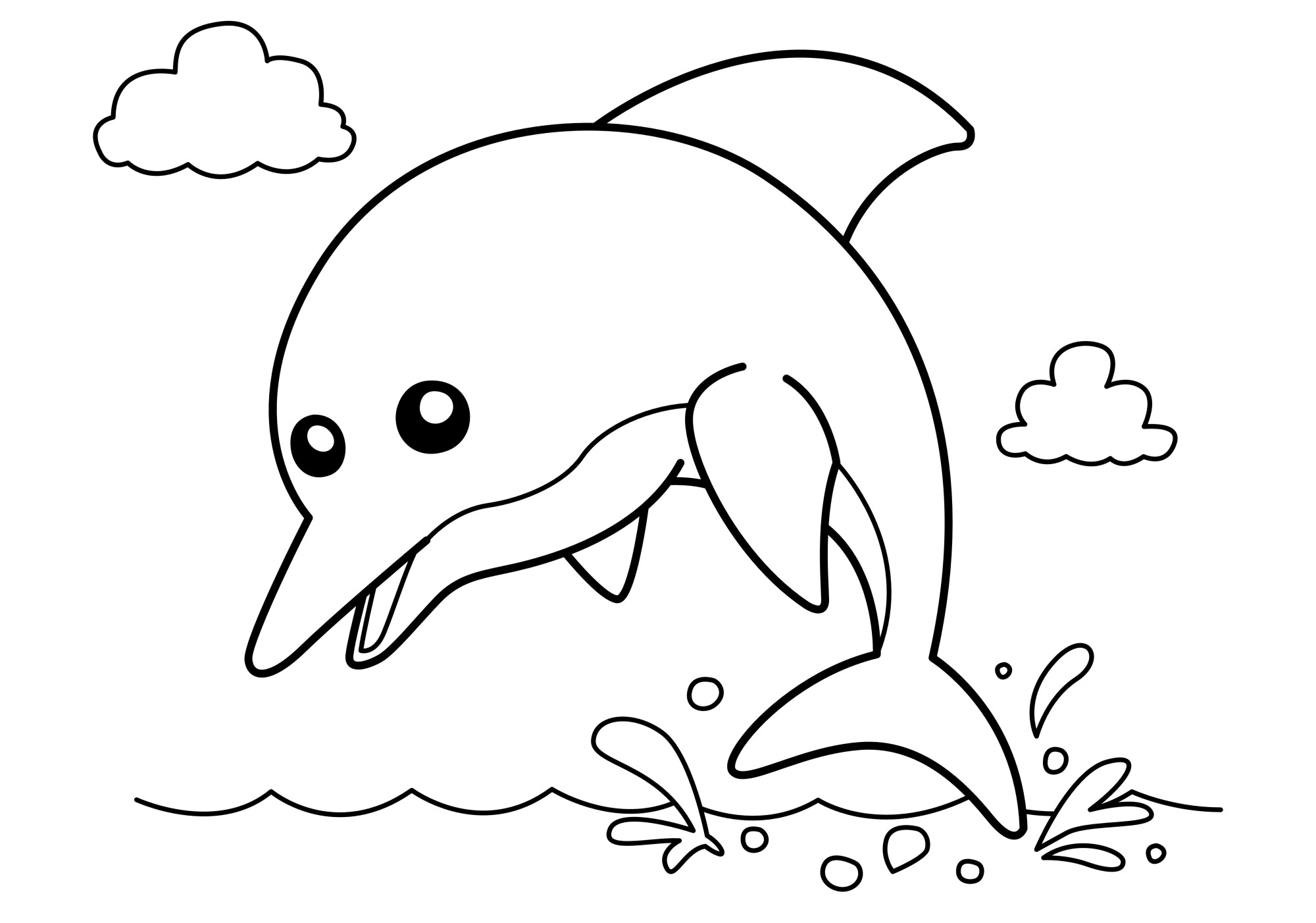 Раскраска для детей: милый дельфин на фоне неба