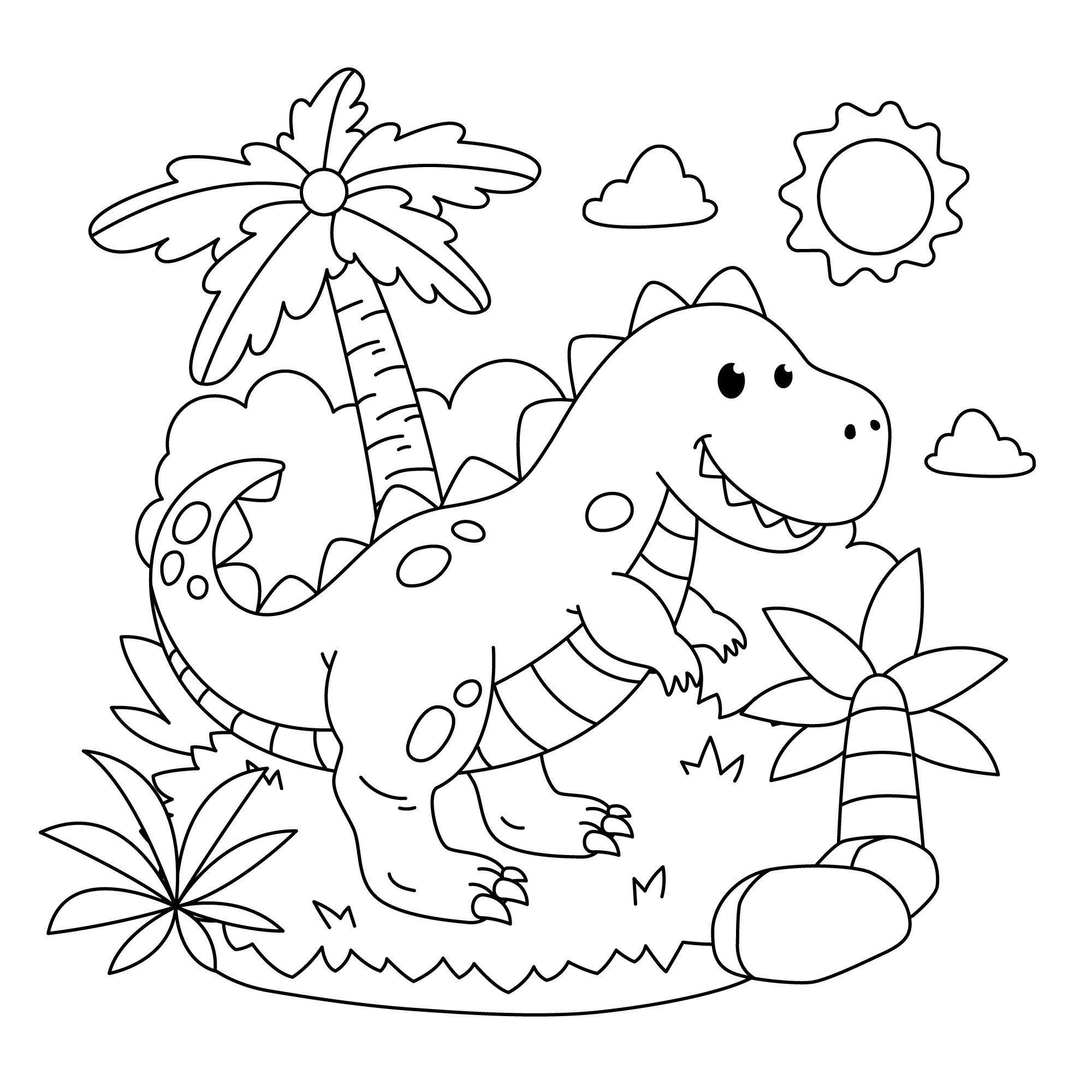 Раскраска для детей: динозавр юрского периода среди пальм