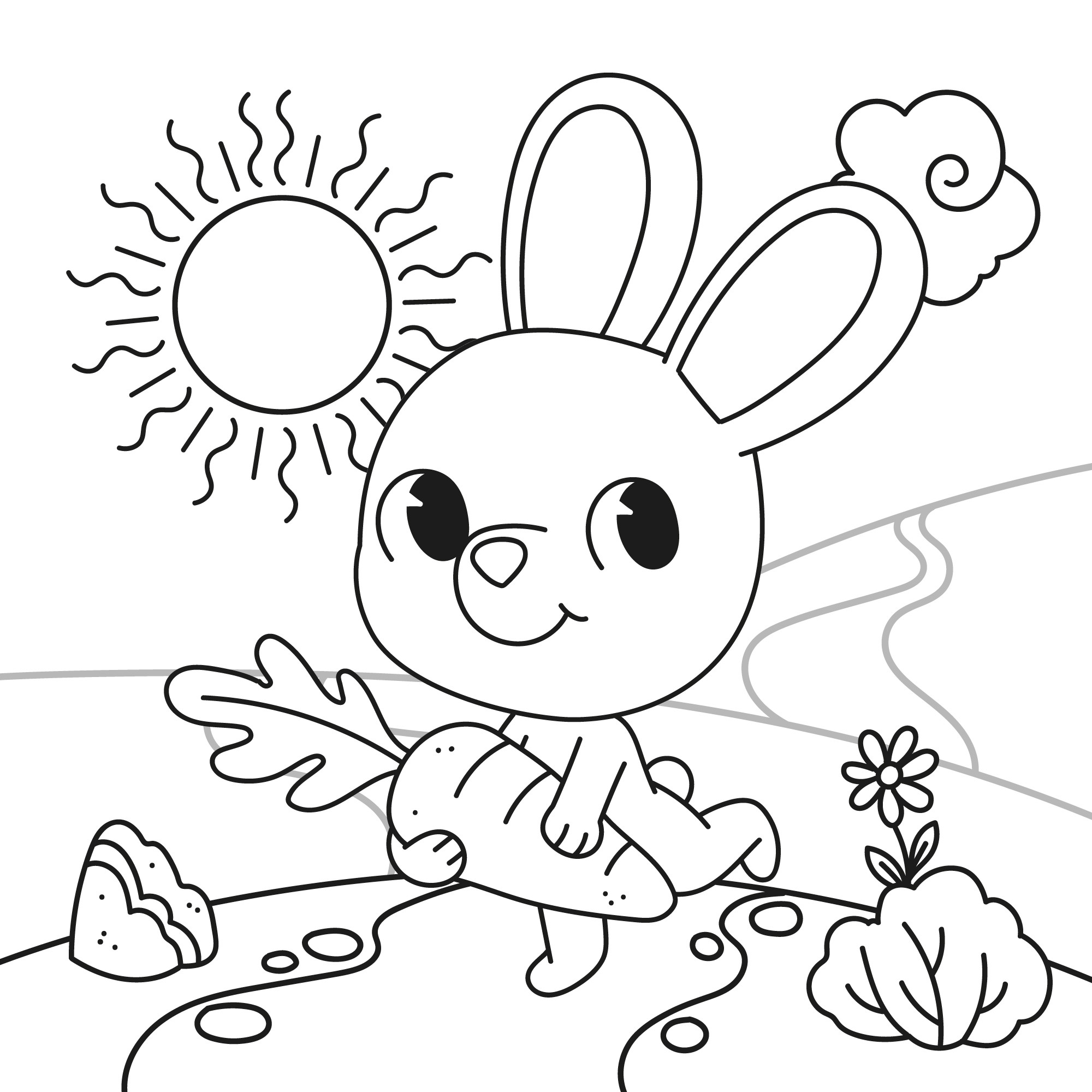 Раскраска для детей: игрушечный зайка бежит по поляне с морковкой в лапках