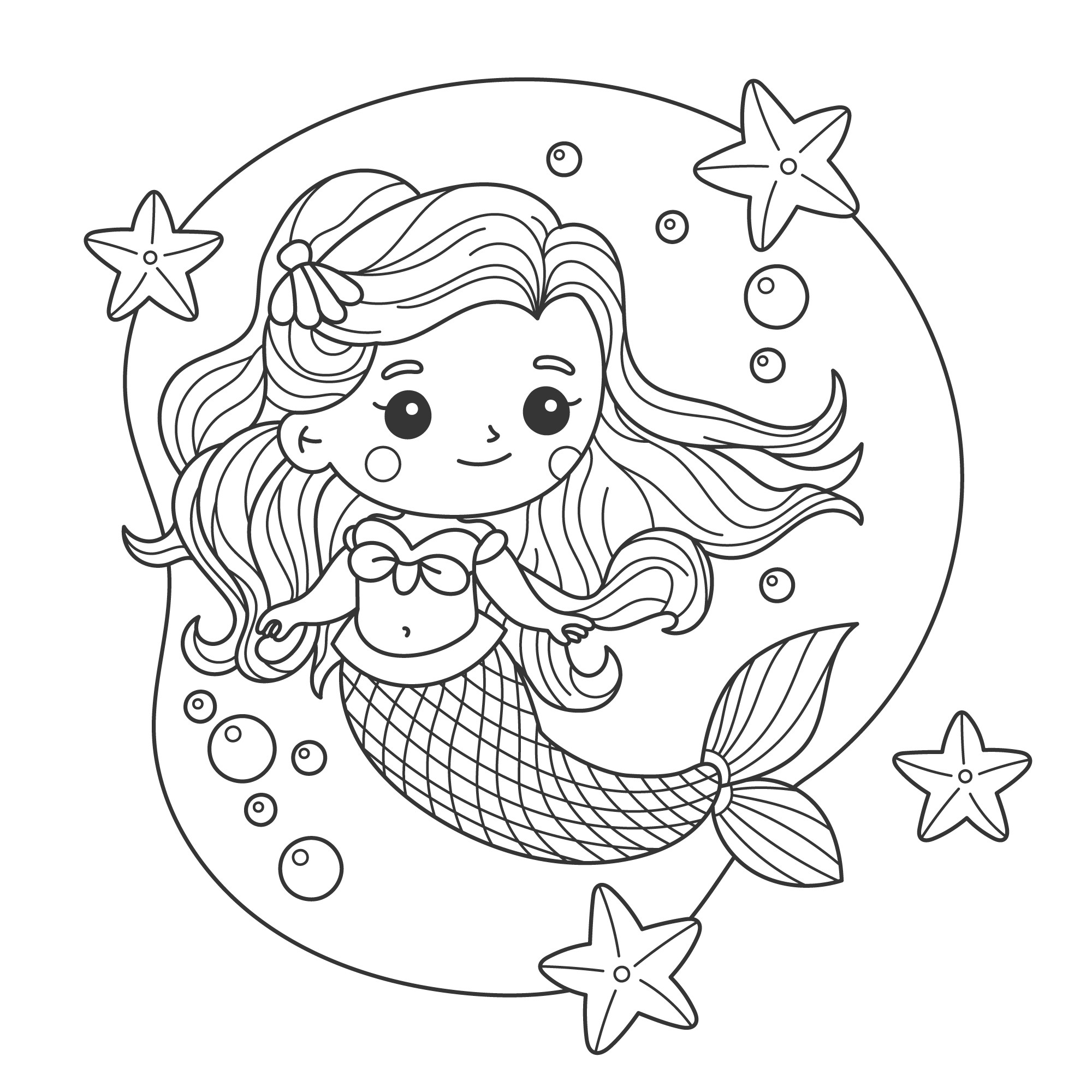 Раскраска для детей: симпатичная русалка с морской звездой
