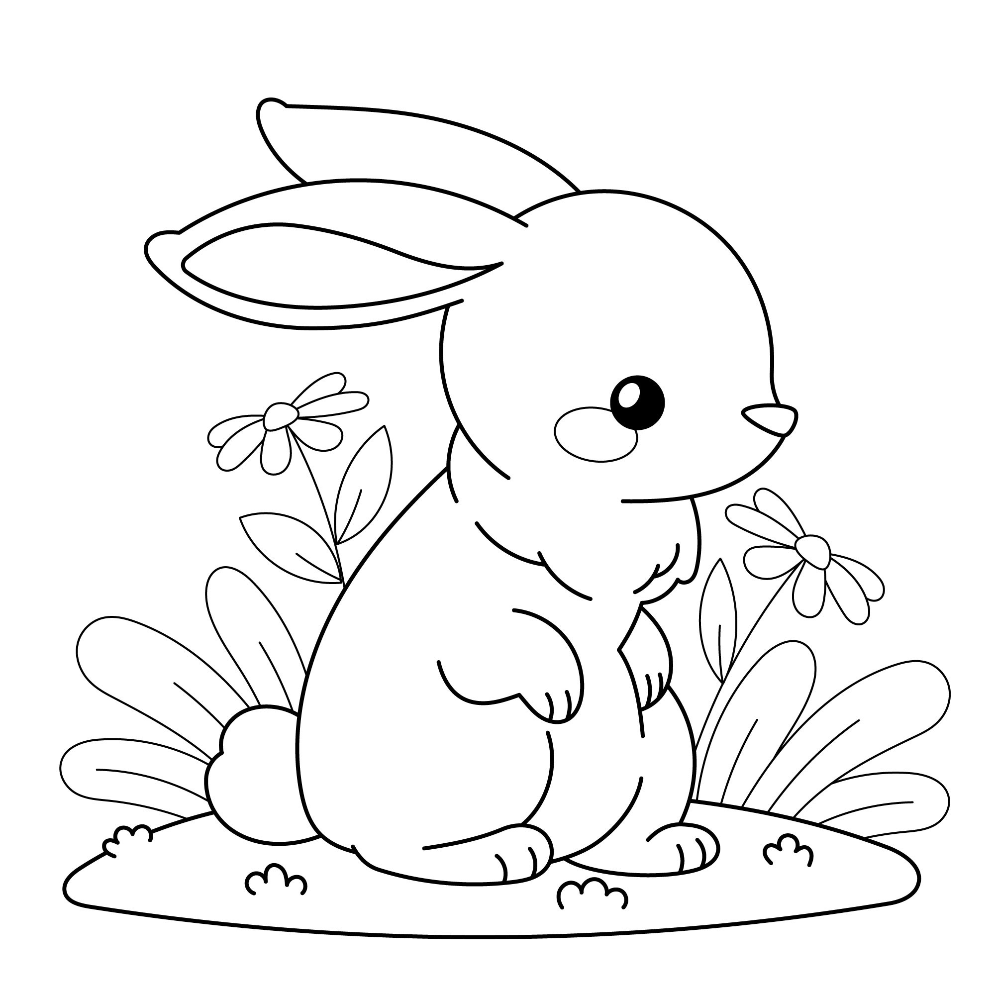 Раскраска для детей: заяц среди полевых цветов
