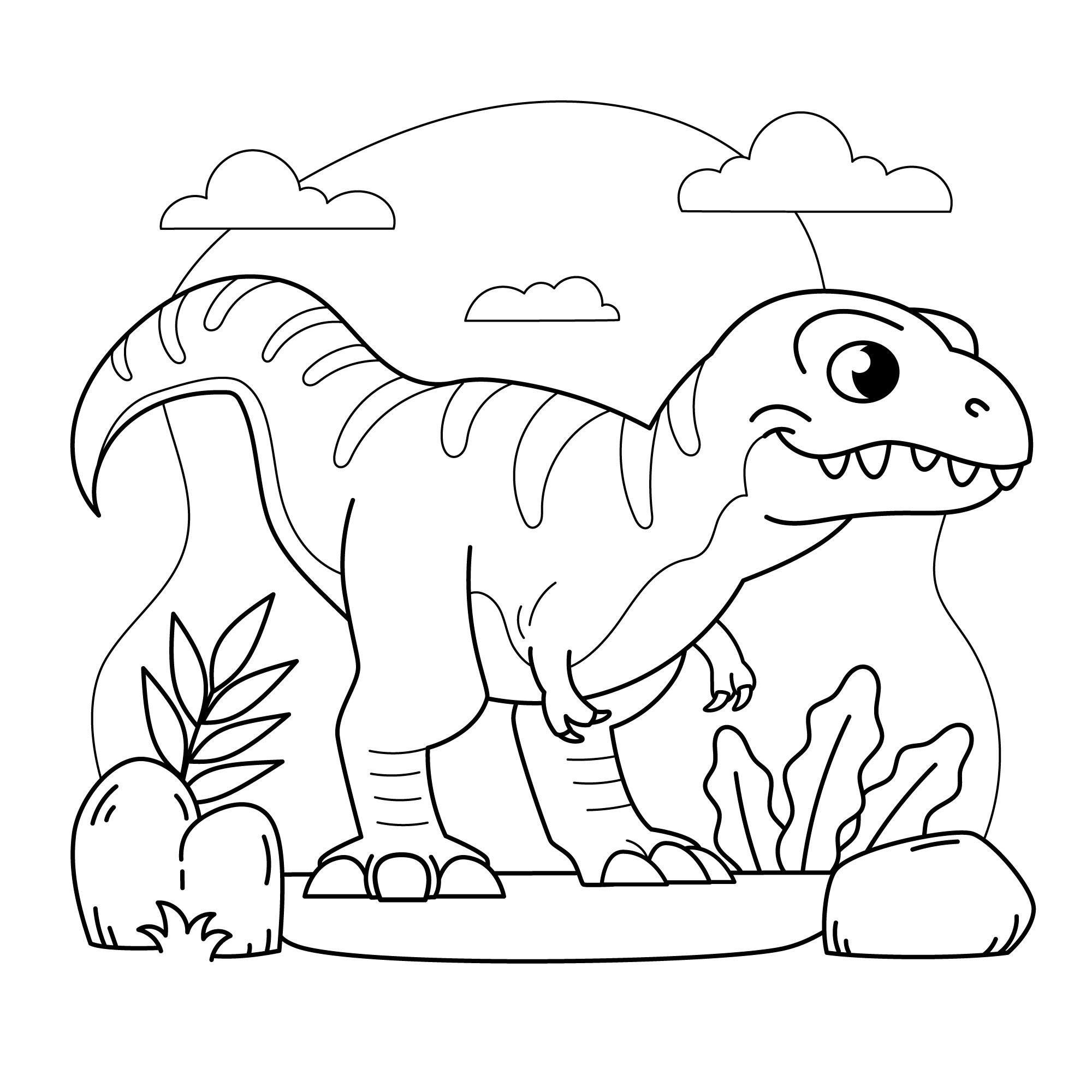 Раскраска для детей: динозавр тиранозавр на охоте