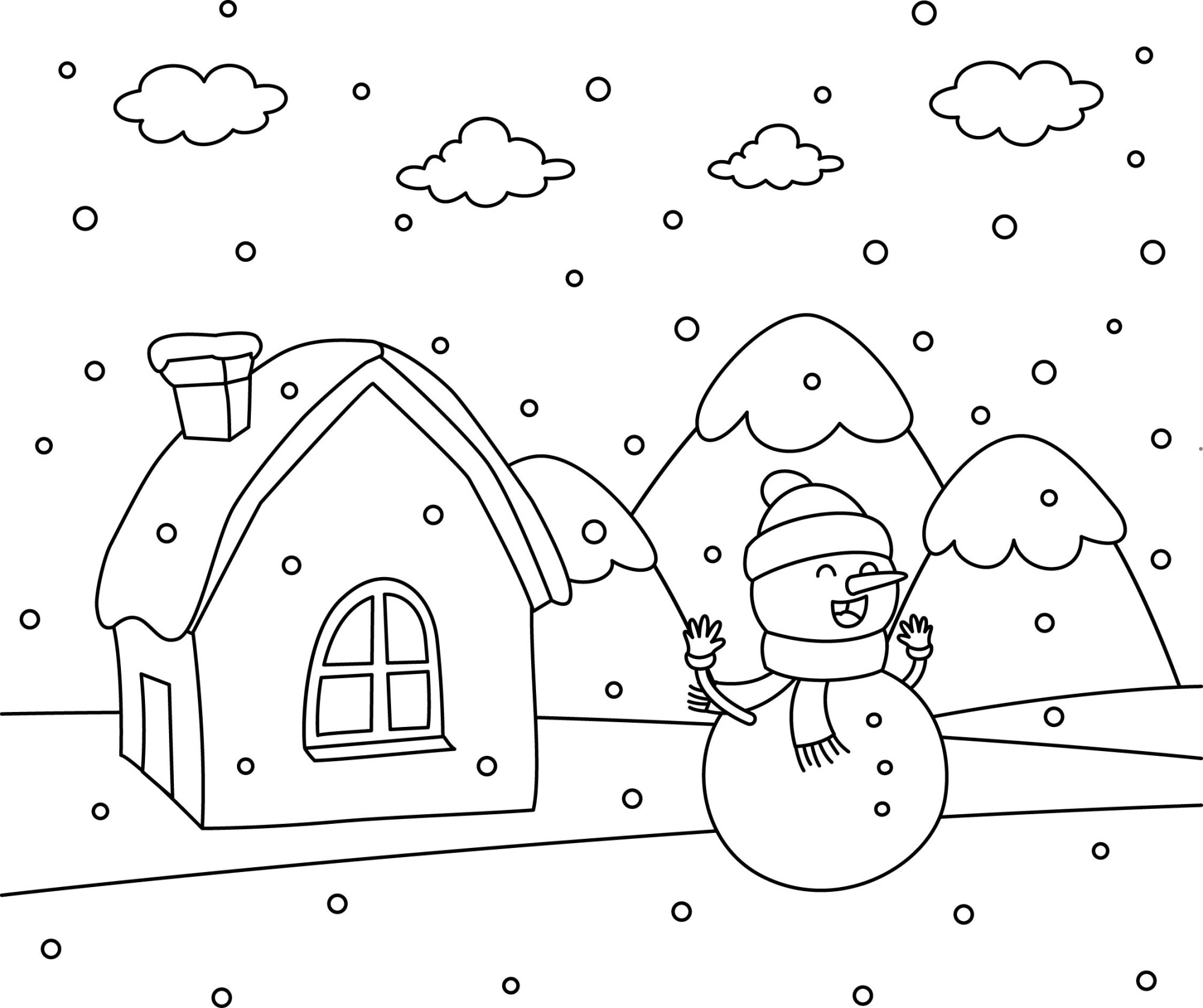 Раскраска для детей: снеговик у дома