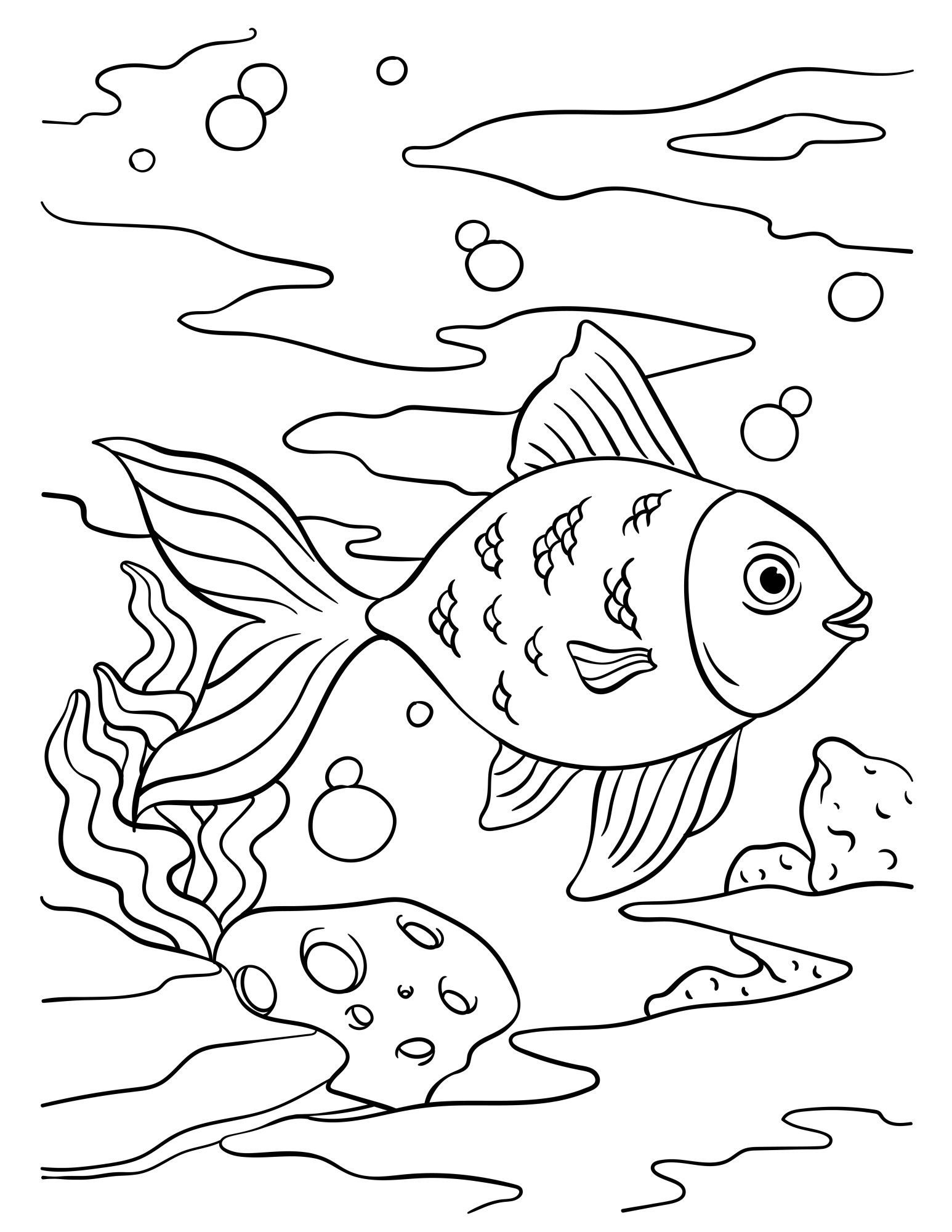 Раскраска для детей: золотая рыбка в озере