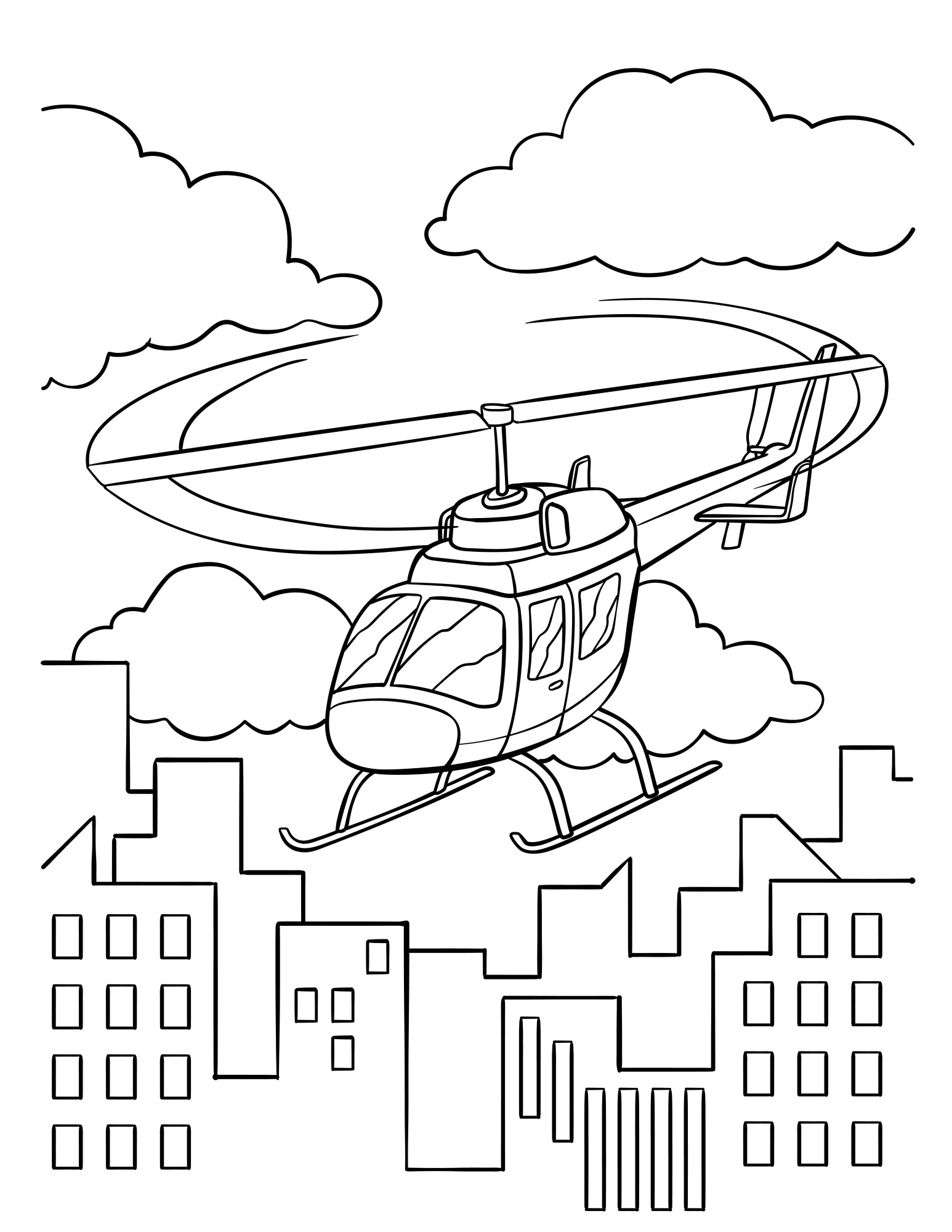 Раскраска для детей: вертолет летит над городом
