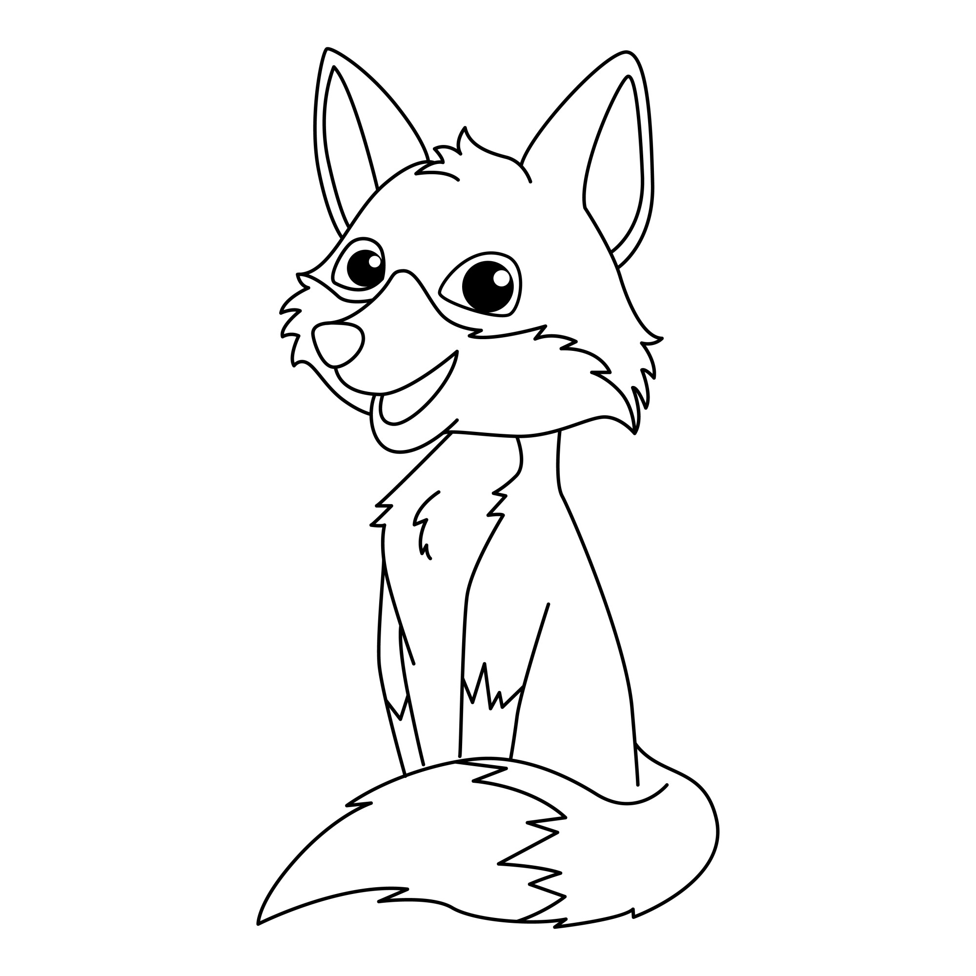 Раскраска для детей: мультяшный лис сидит с поджатым хвостом
