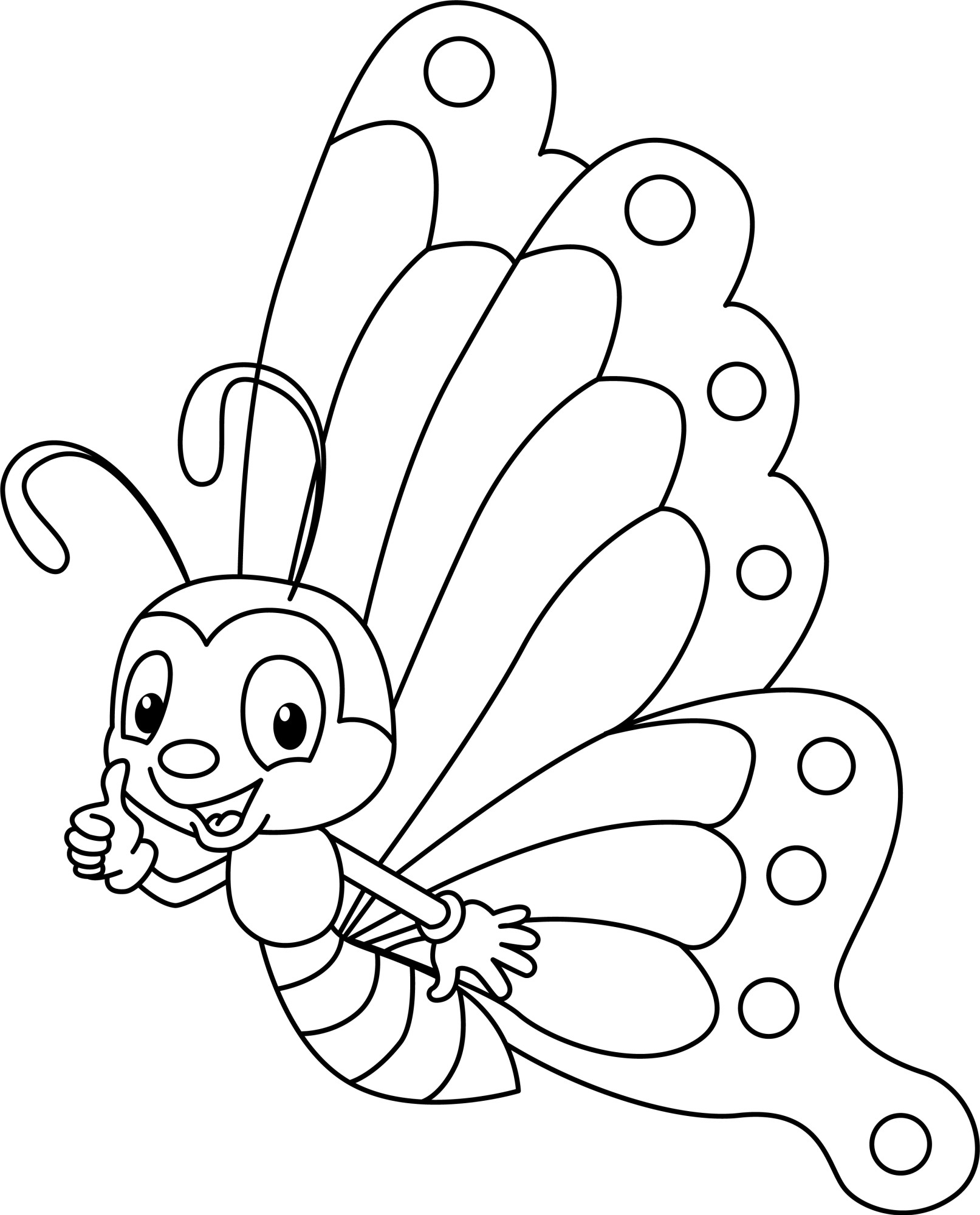 Раскраска для детей: бабочка показывает большой палец