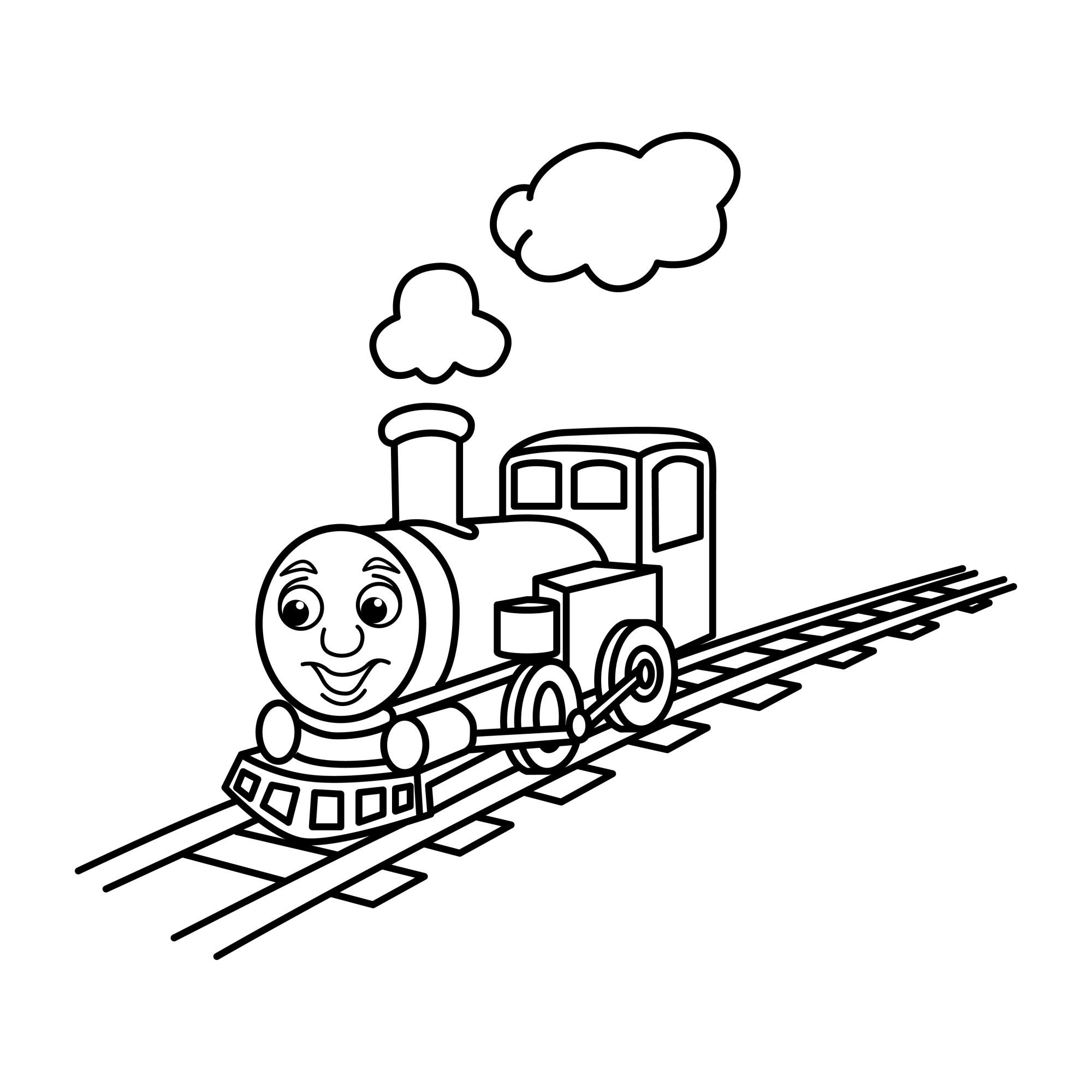 Раскраска для детей: очаровательный игрушечный поезд с лицом на путях