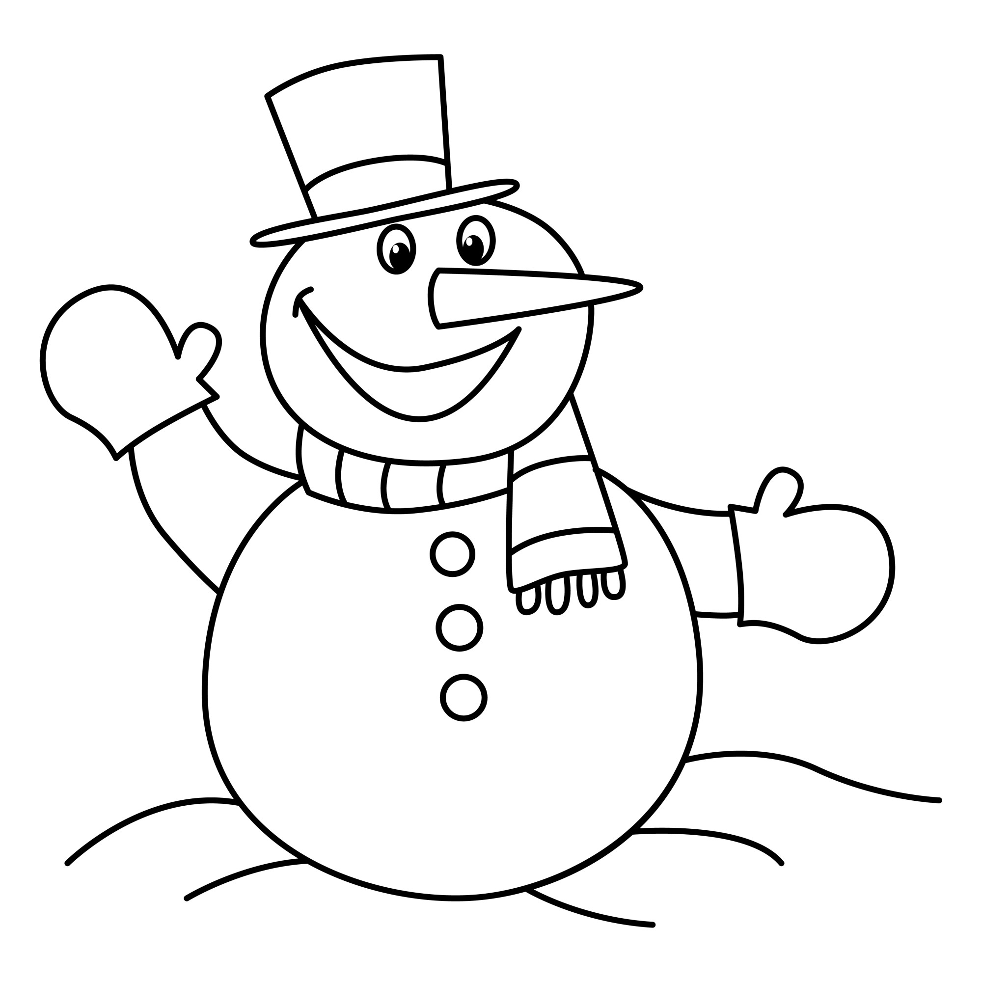 Раскраска для детей: мультяшный снеговик в варежках машет рукой