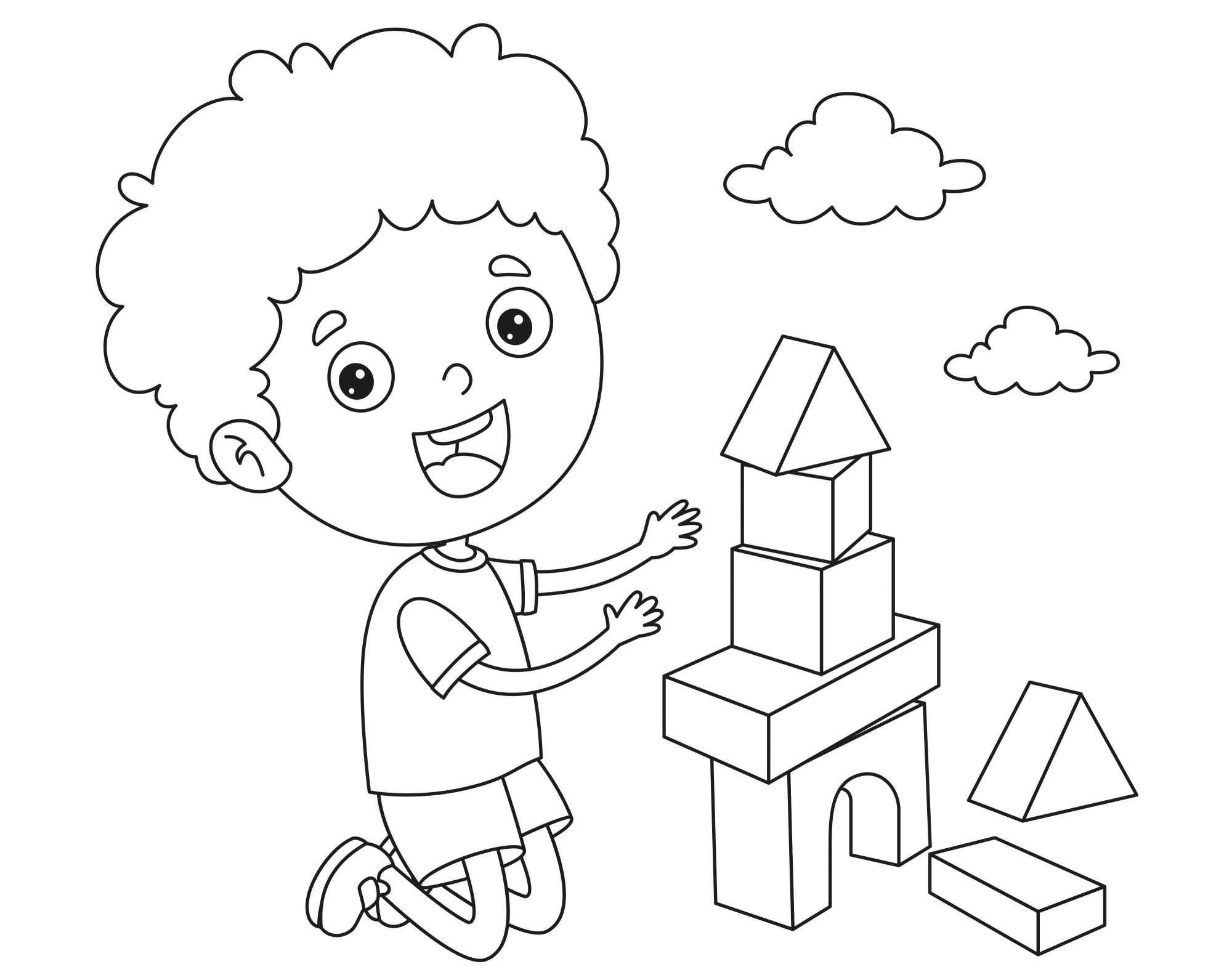Раскраска для детей: малыш играет в конструктор с кубиками
