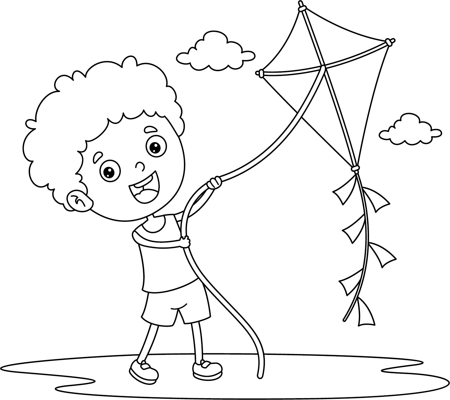 Раскраска для детей: малыш играет с воздушным змеем на улице