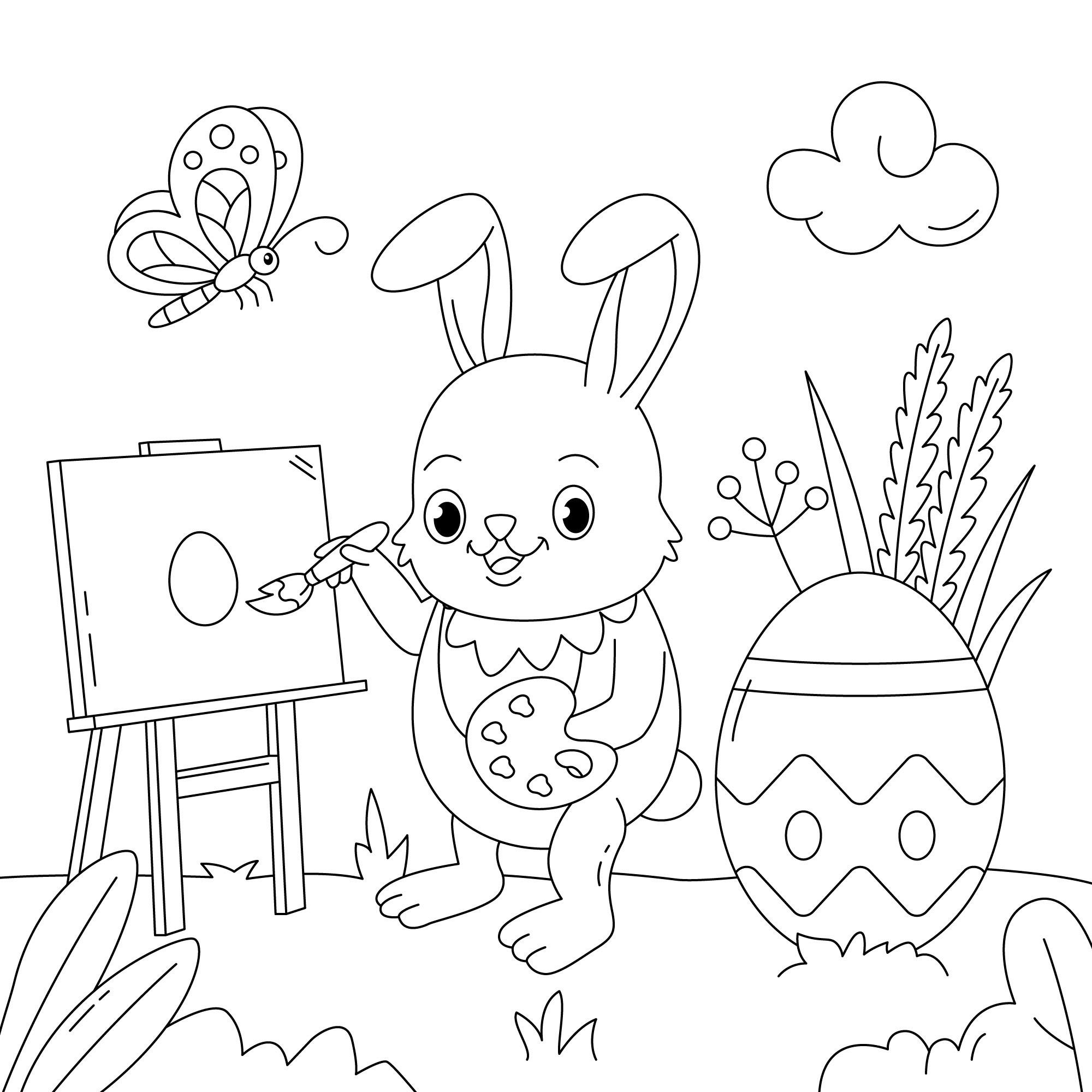 Раскраска для детей: мультяшный заяц художник на опушке