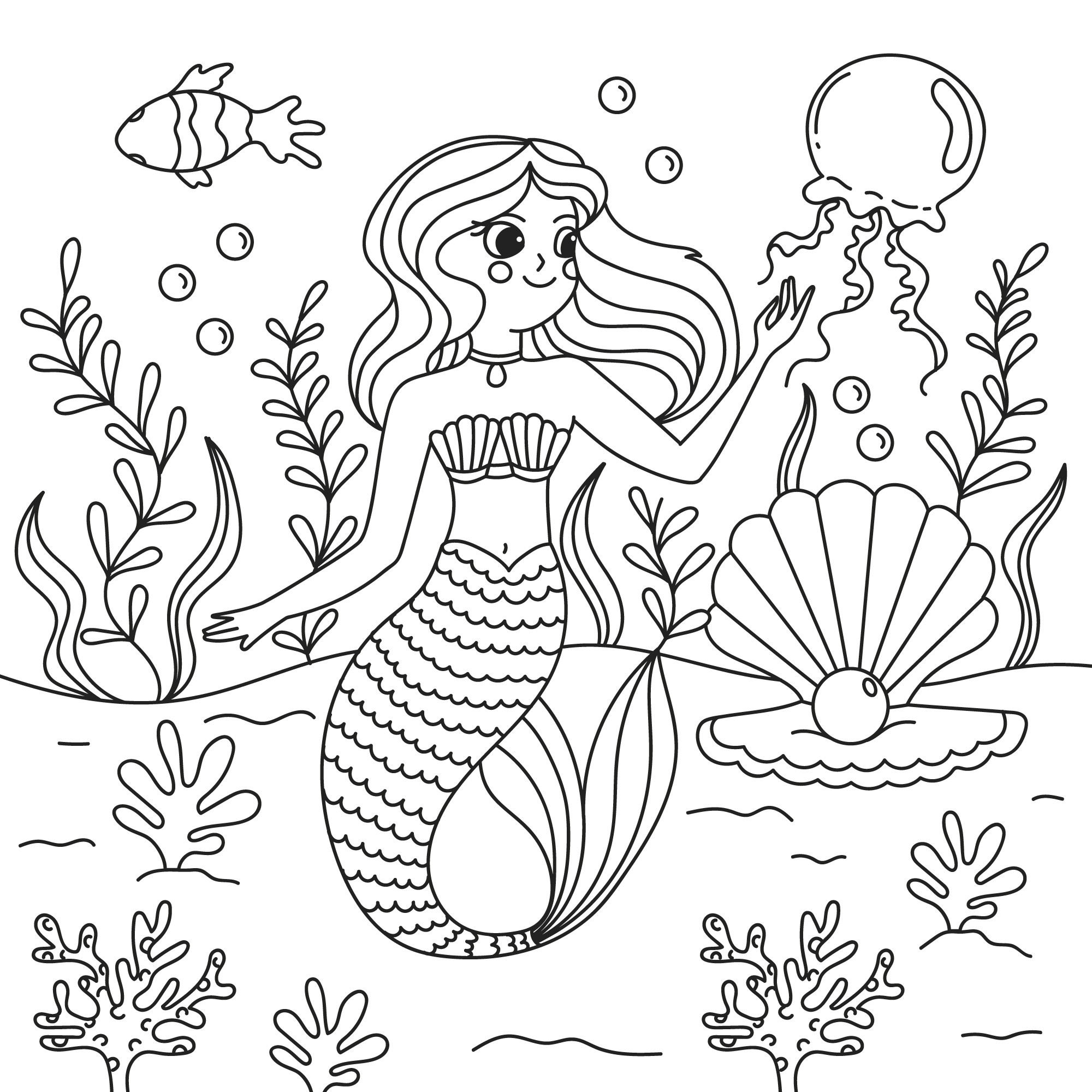 Раскраска для детей: русалка с медузой на фоне большой ракушки с жемчугом