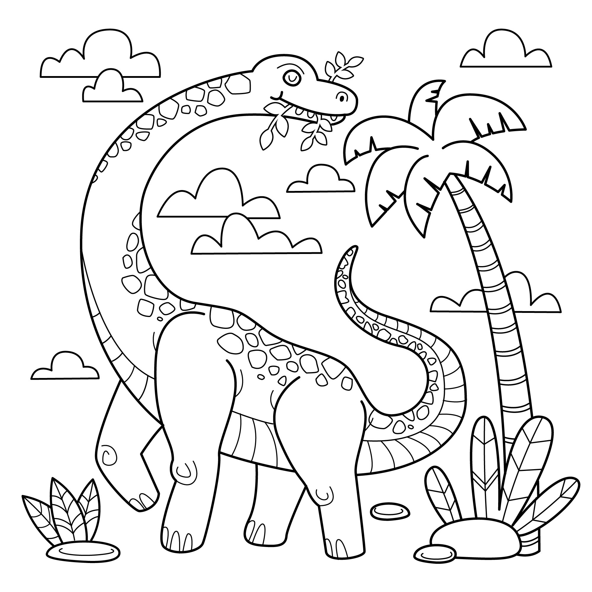 Раскраска для детей: динозавр кушает листья