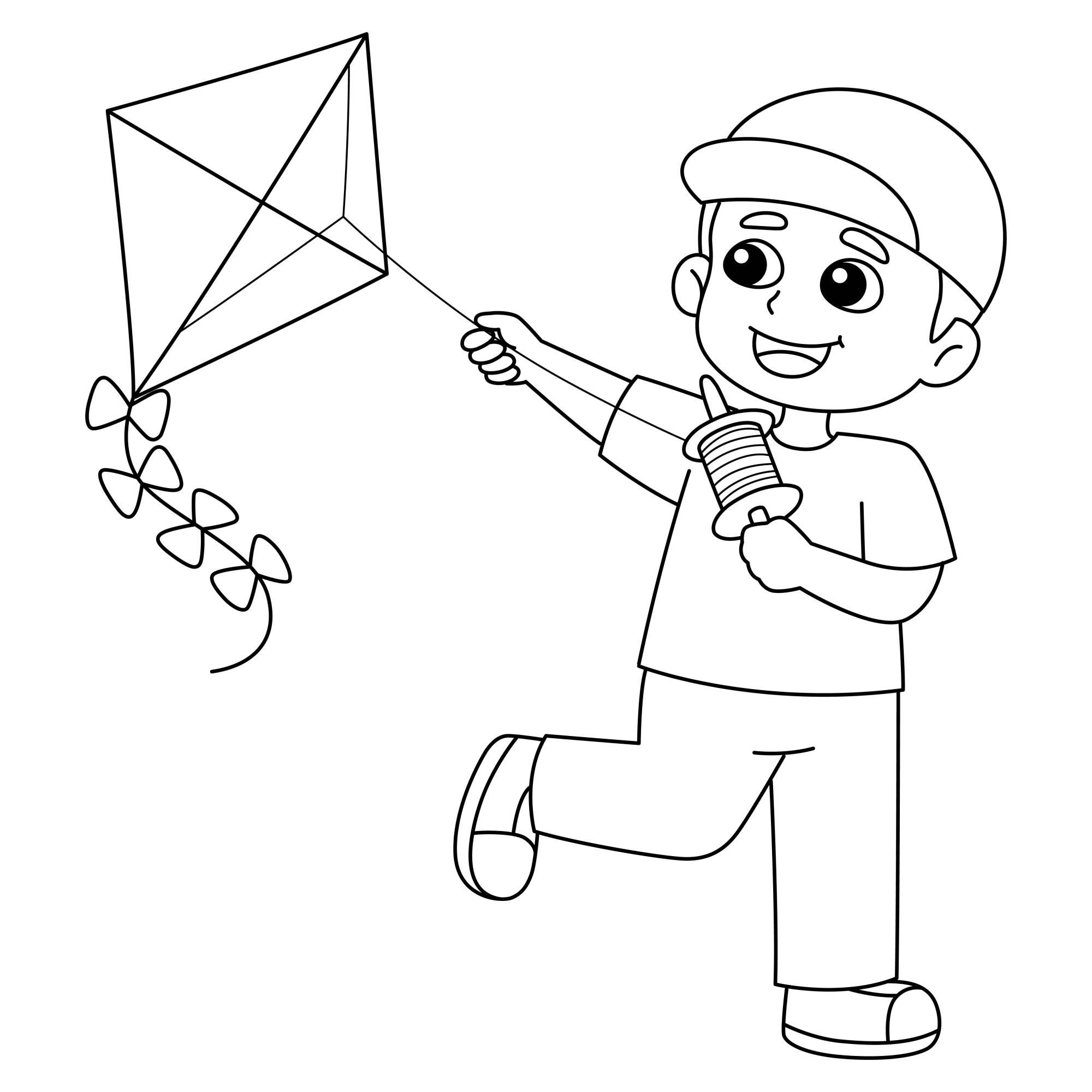 Раскраска для детей: мальчик бегает с игрушкой воздушный змей