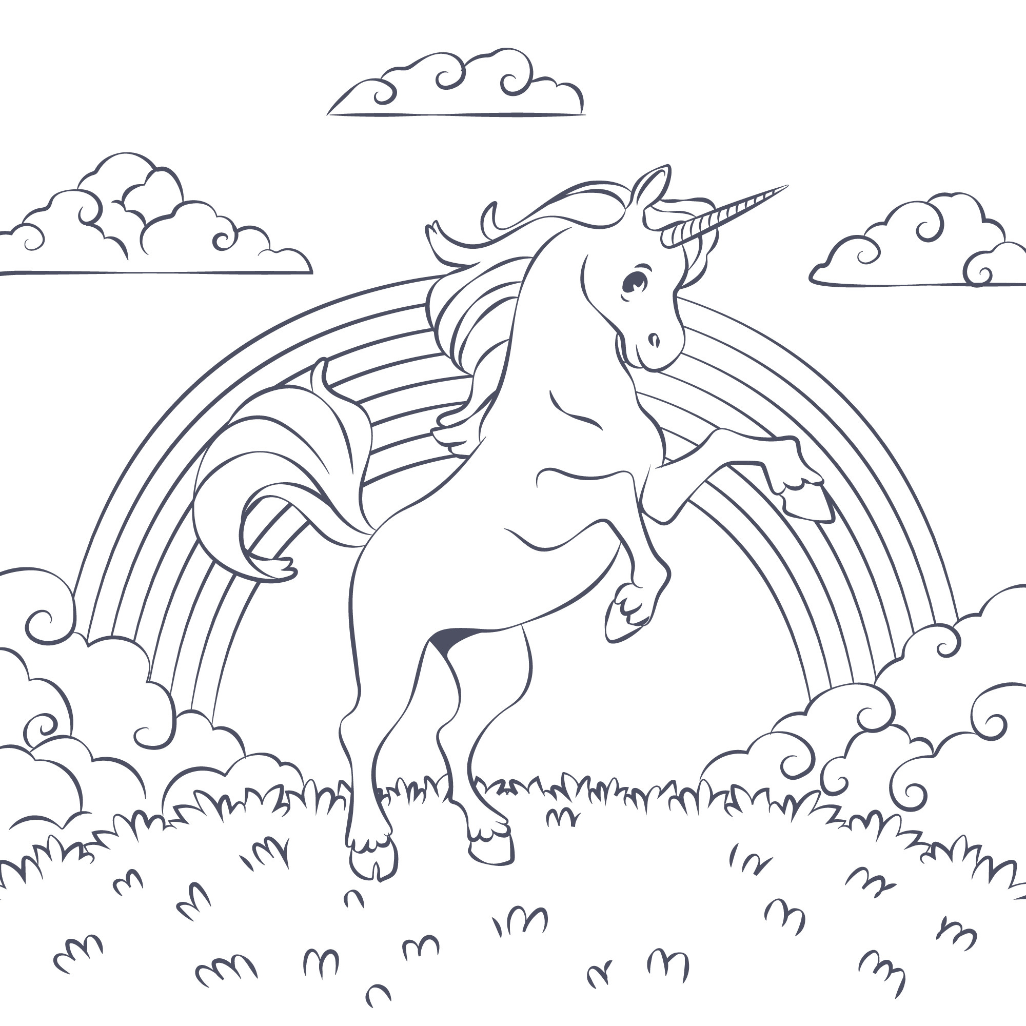 Раскраска для детей: лошадка единорог на фоне облаков и радуги
