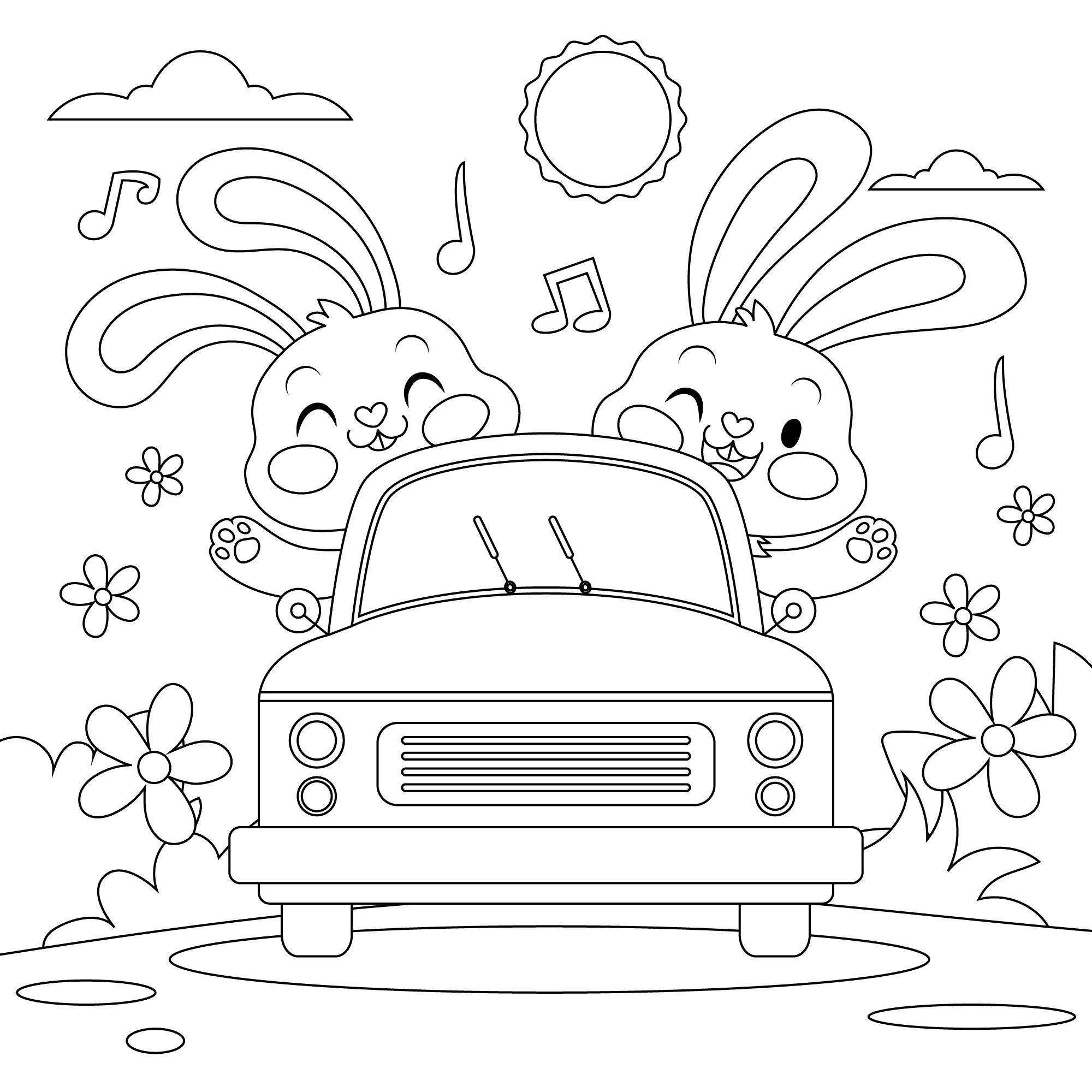Раскраска для детей: сказочные зайцы едут в автомобиле
