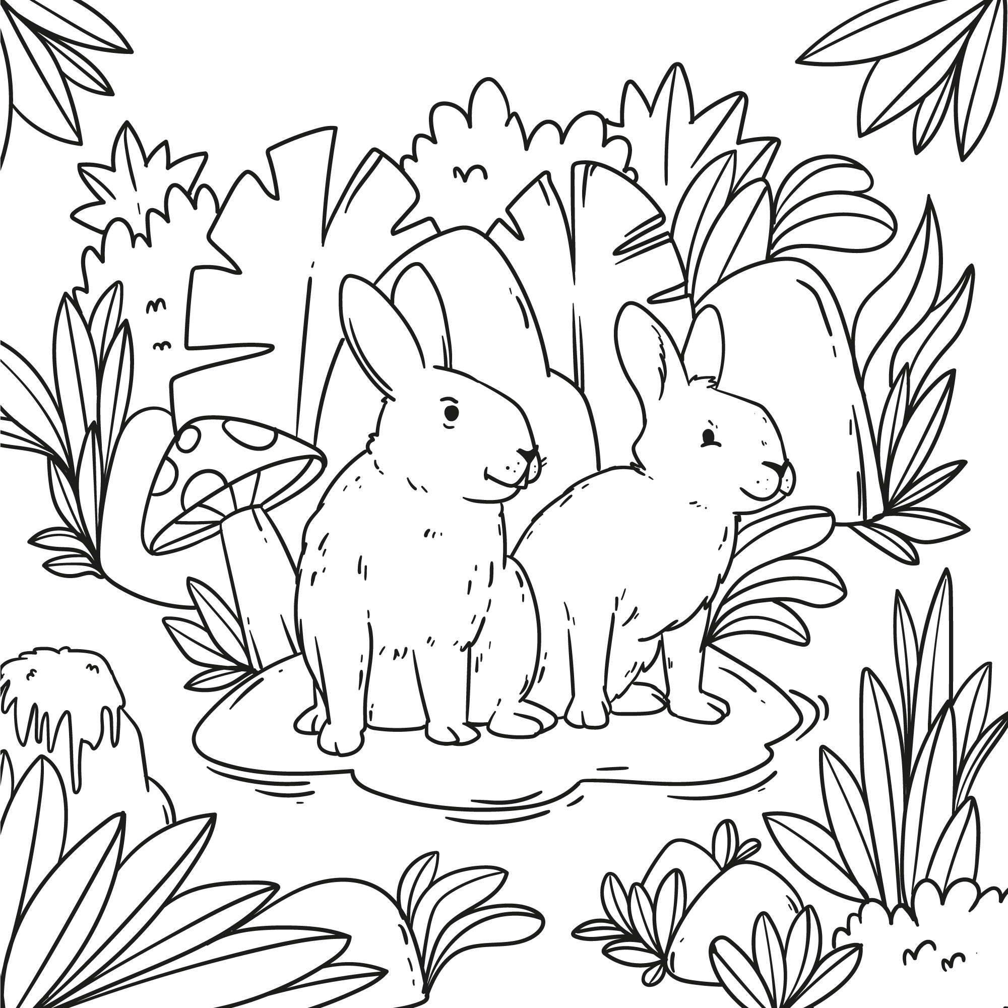 Раскраска для детей: зайцы на опушке с грибом