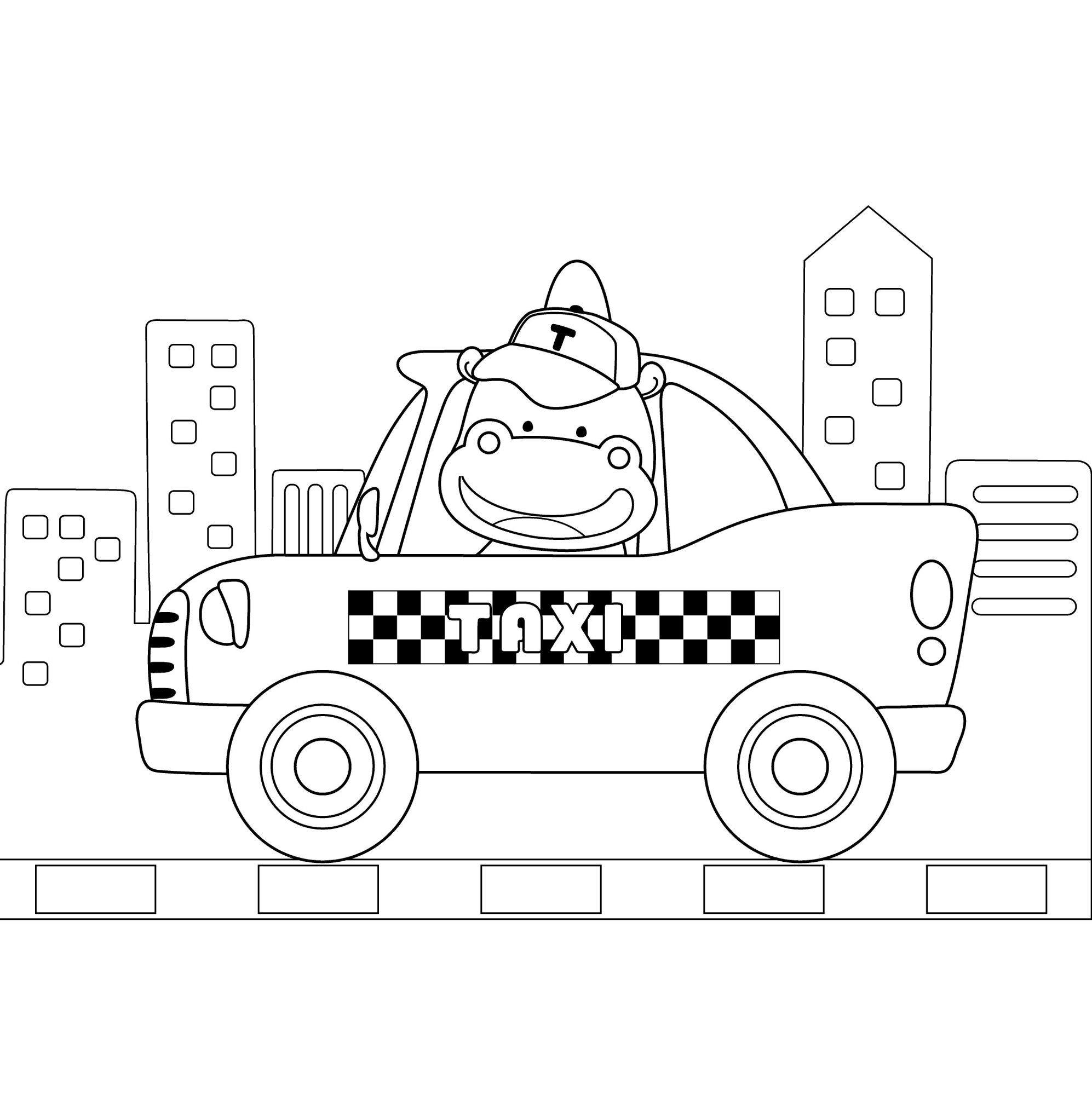 Раскраска для детей: смешной бегемот водитель такси