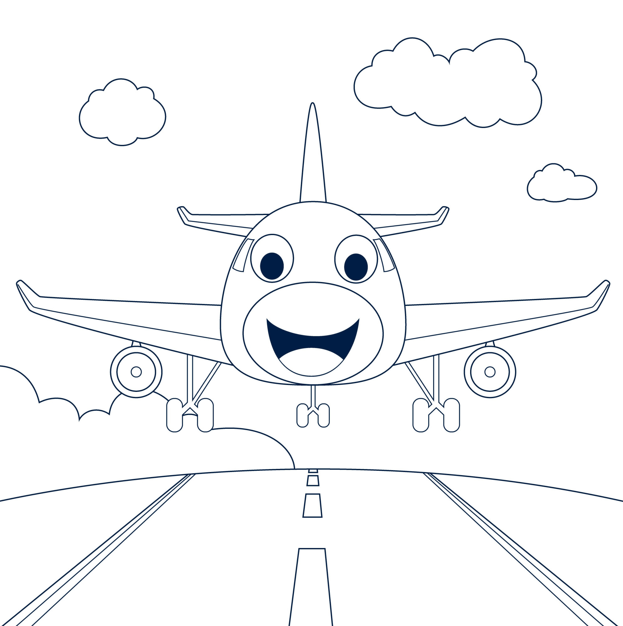 Раскраска для детей: самолет с лицом на взлетной полосе