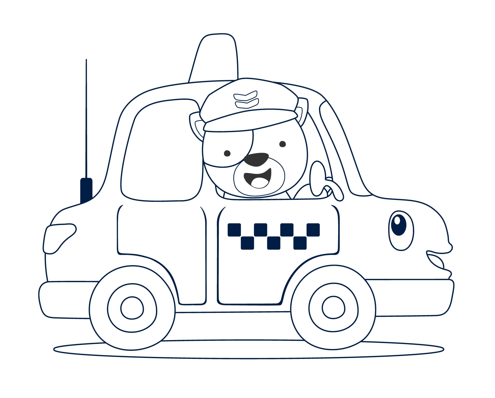 Раскраска для детей: мультяшный мишка за рулем такси