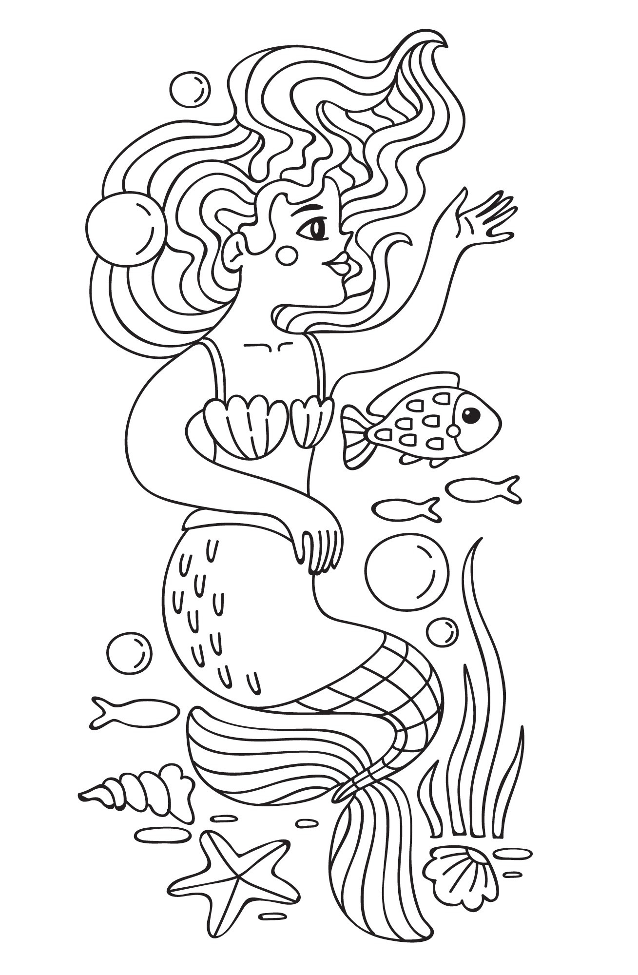 Раскраска для детей: русалка «Танец с морскими волнами»