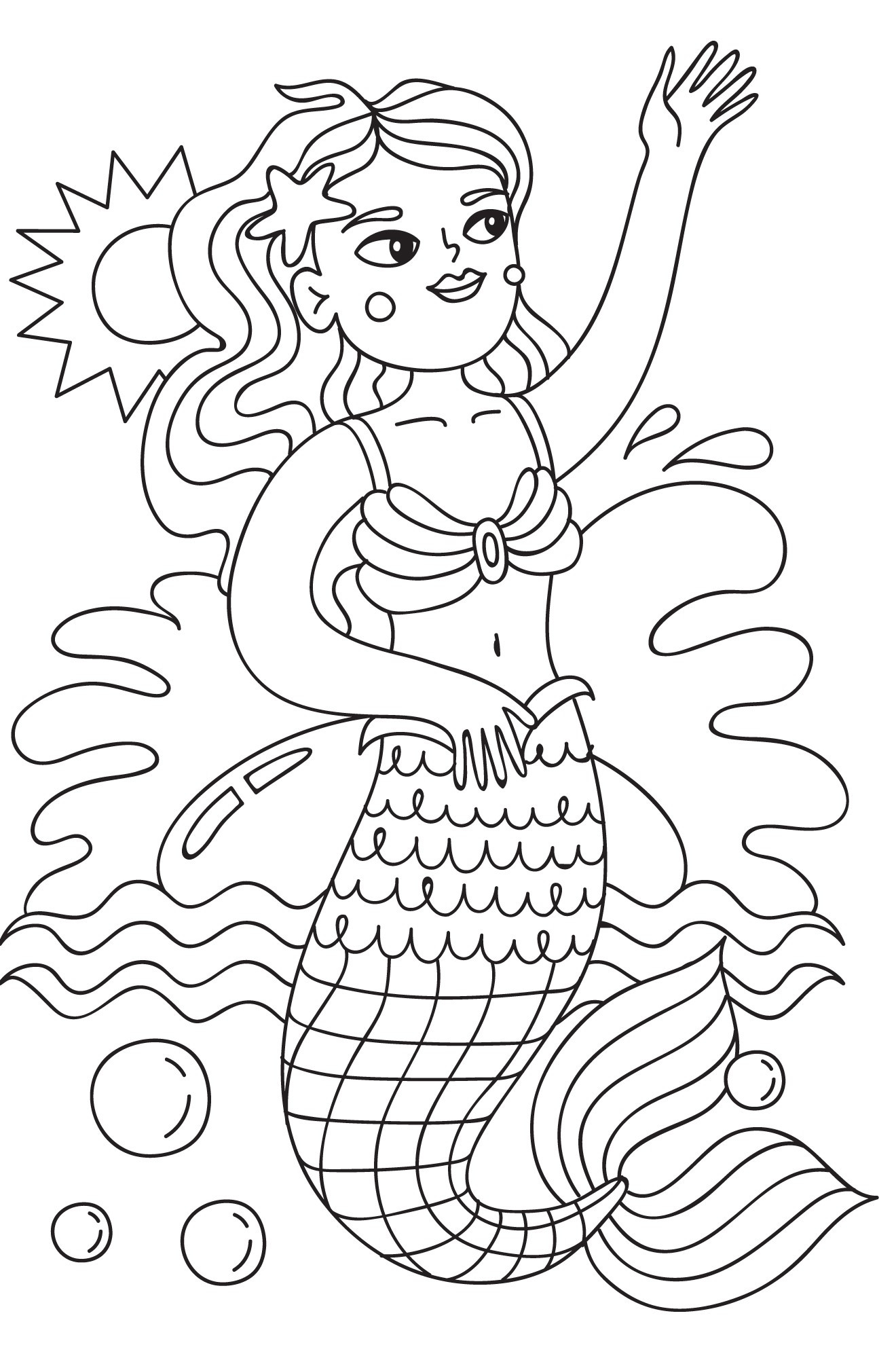 Раскраска для детей: русалка в море машет рукой