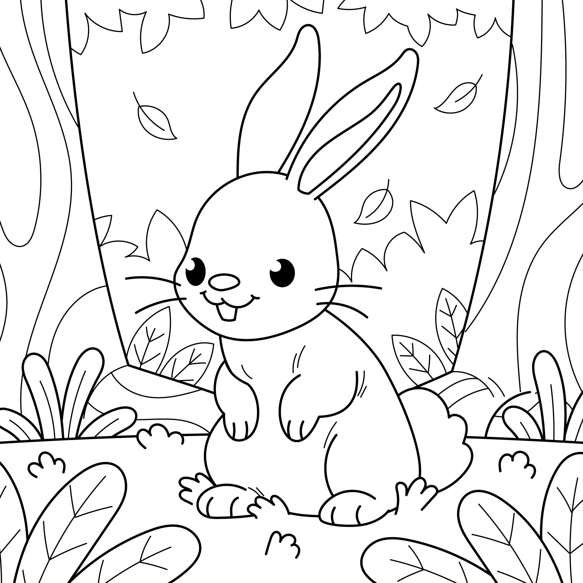 Раскраска для детей: шустрый заяц в лесу