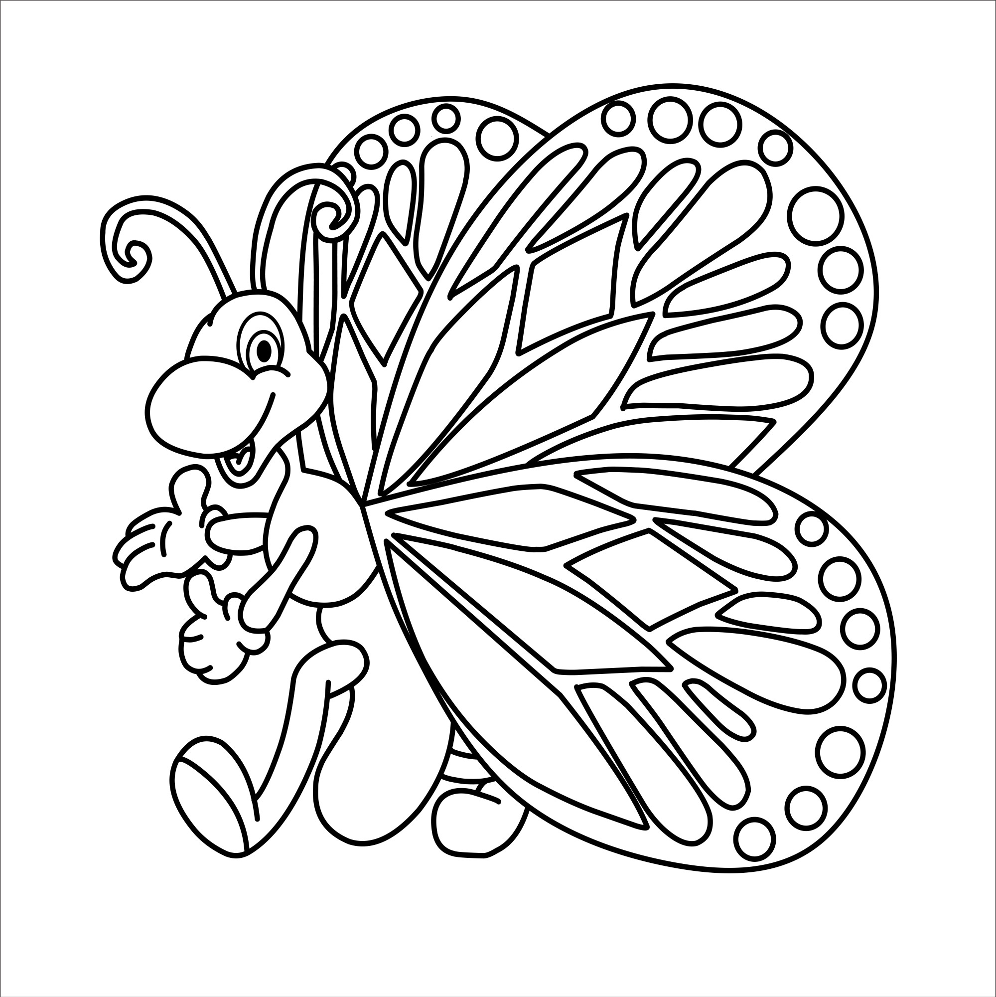Раскраска для детей: симпатичная мультяшная бабочка шагает