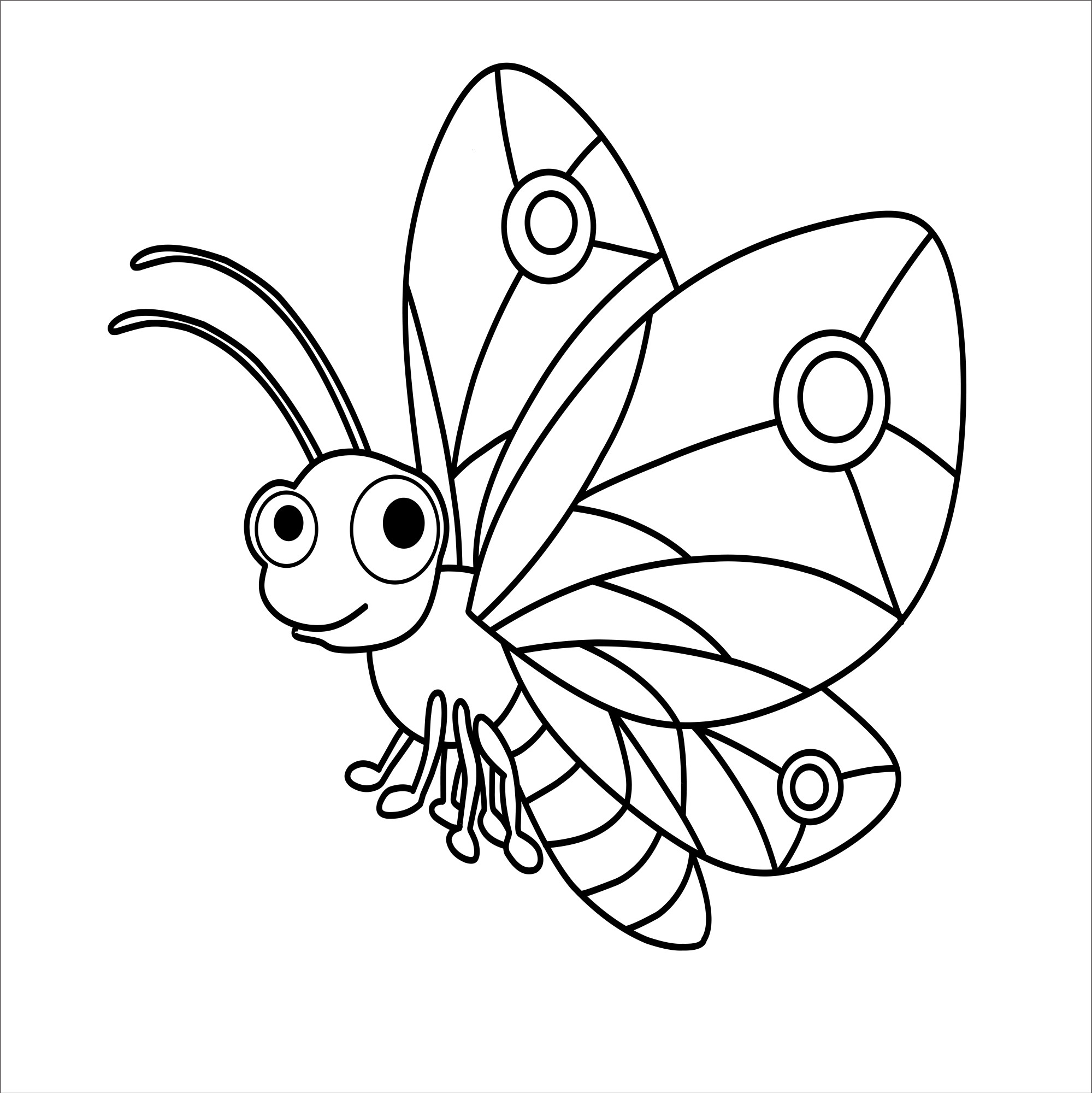 Раскраска для детей: радужная бабочка с удивленными глазами