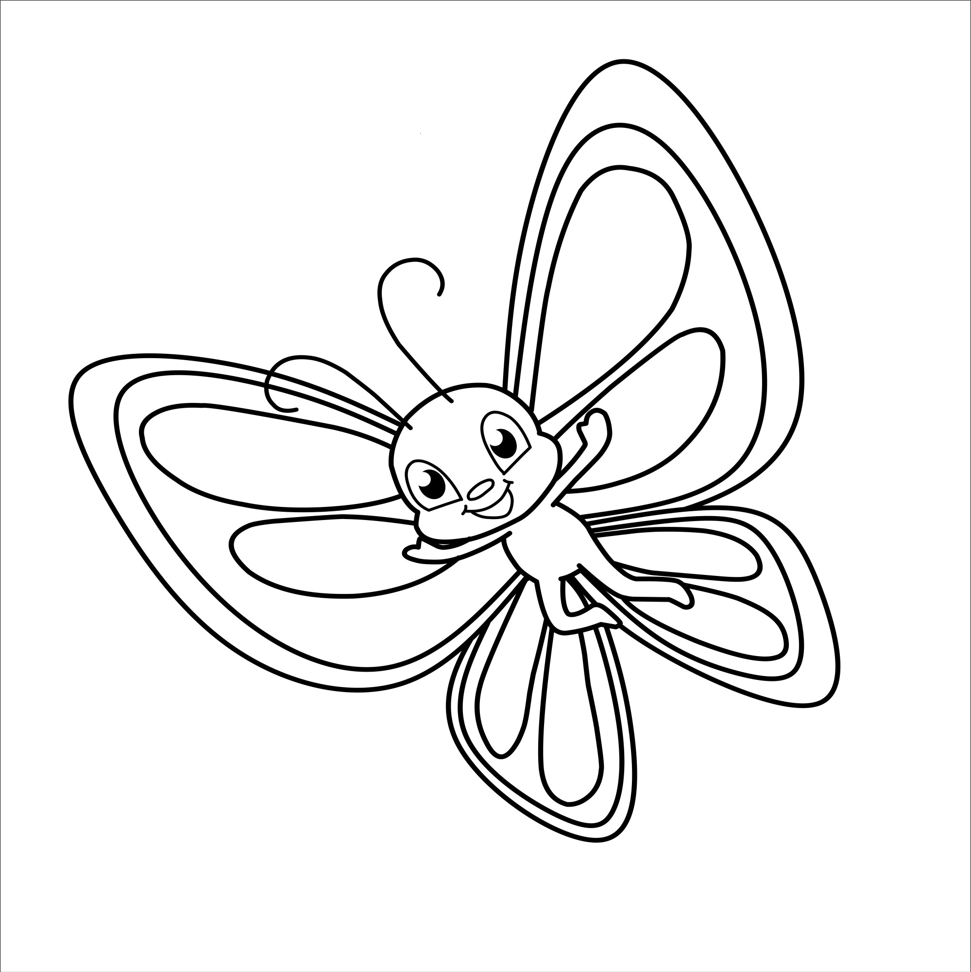 Раскраска для детей: мультяшная улыбающаяся бабочка
