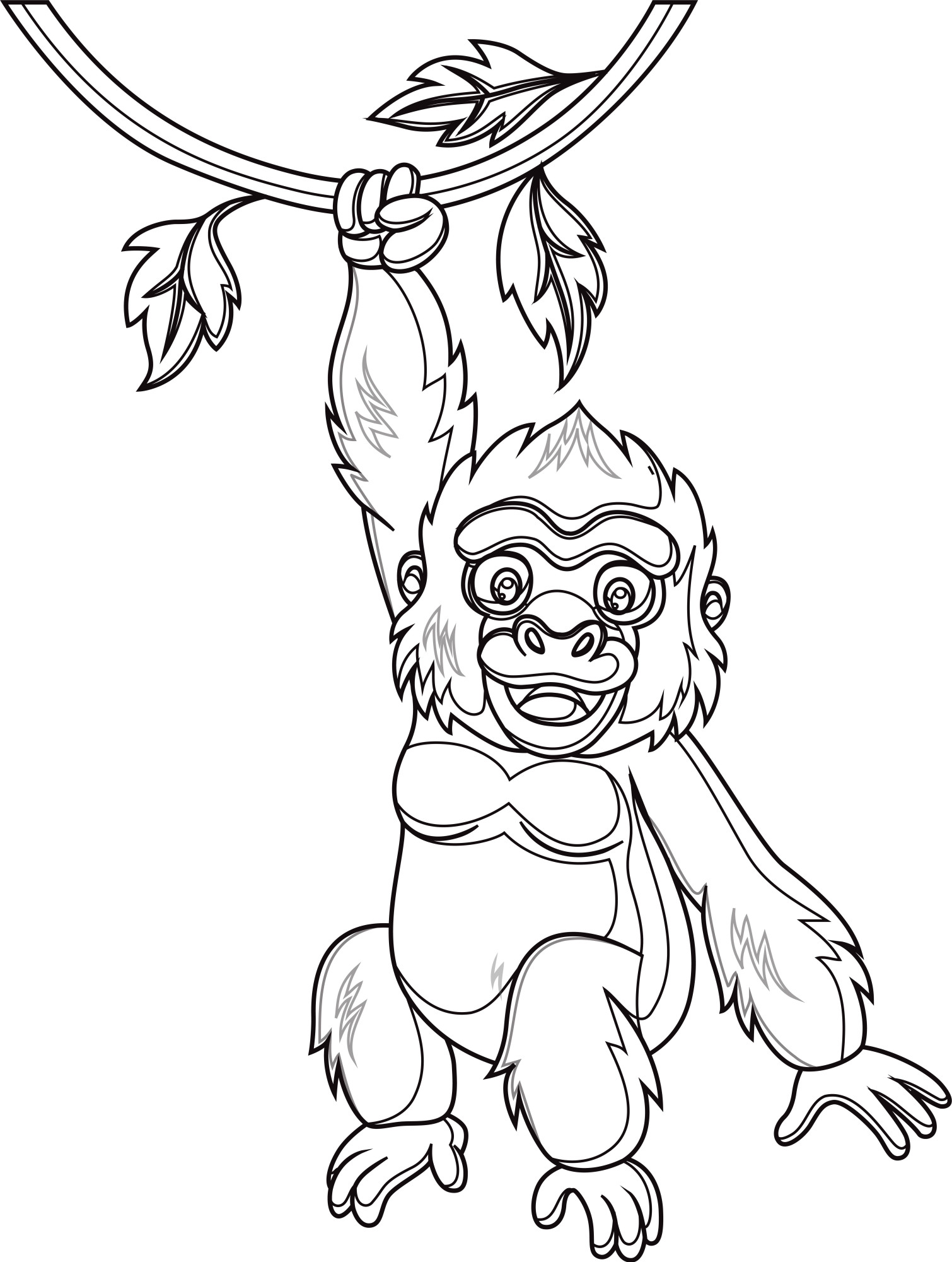 Раскраска для детей: обезьяна горилла висит на ветке дерева