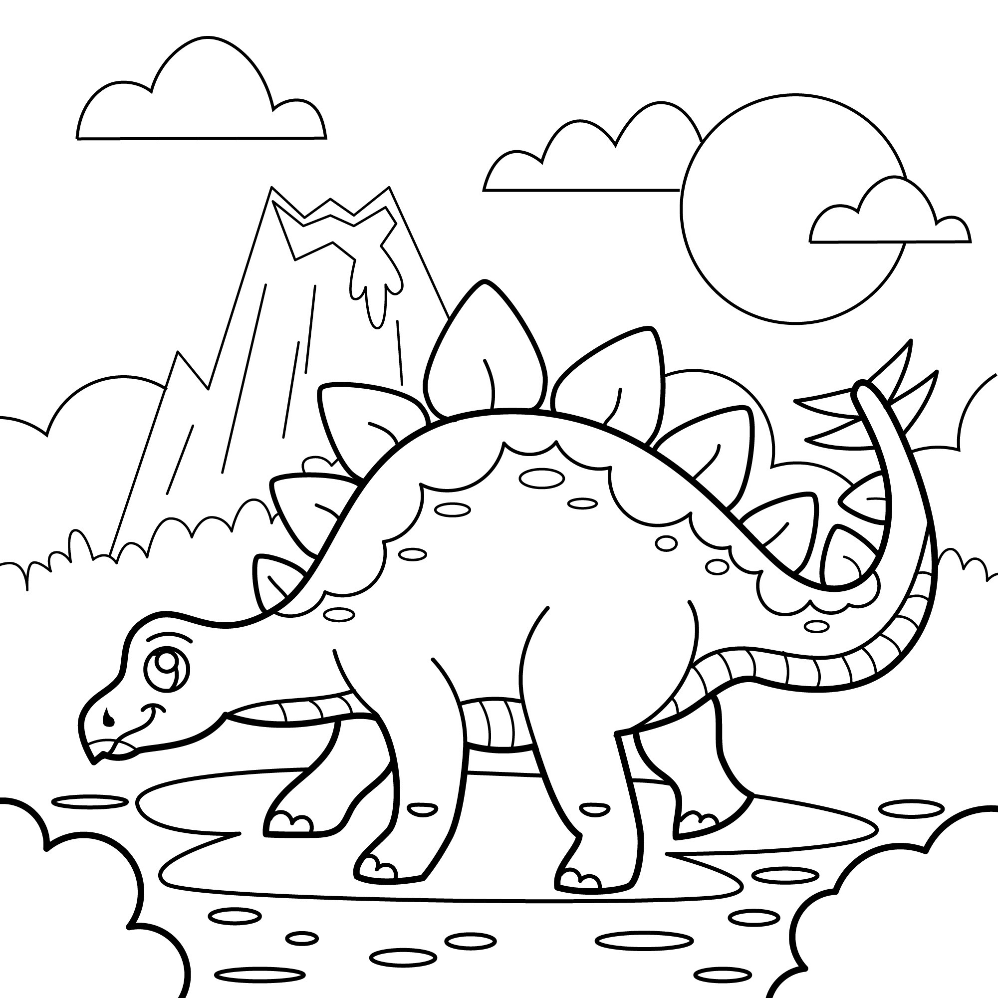 Раскраска для детей: динозавр стегозавр на поляне