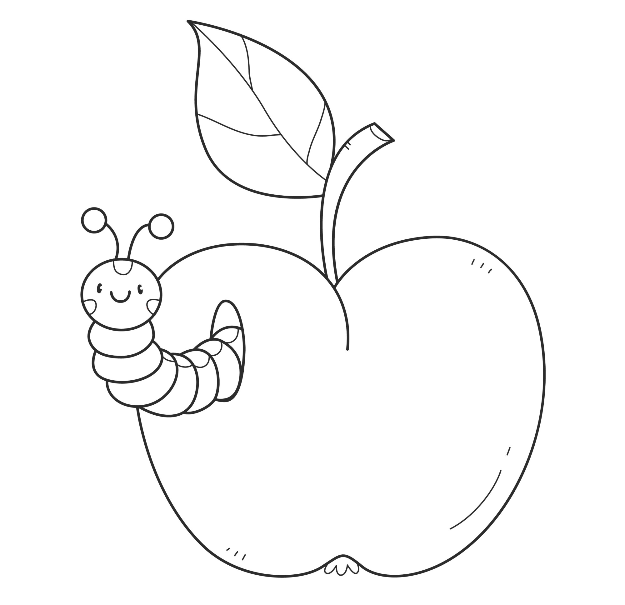 Раскраска для детей: красное яблоко с гусеницей