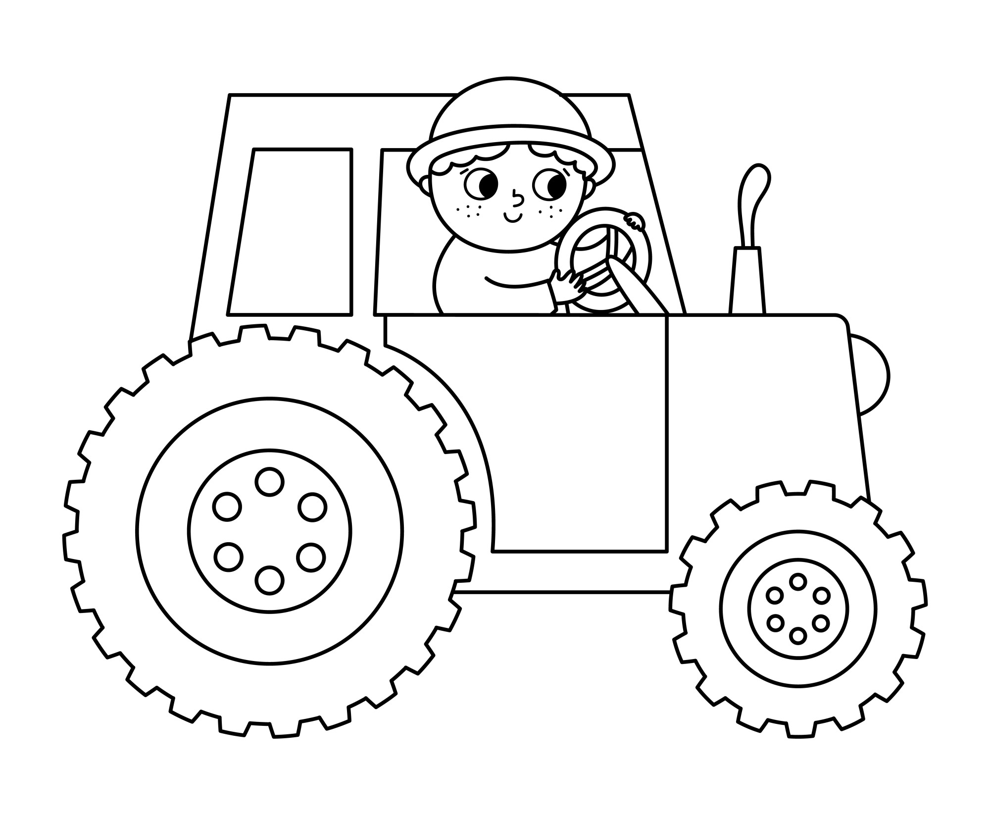 Раскраска для детей: маленький мальчик едет на тракторе