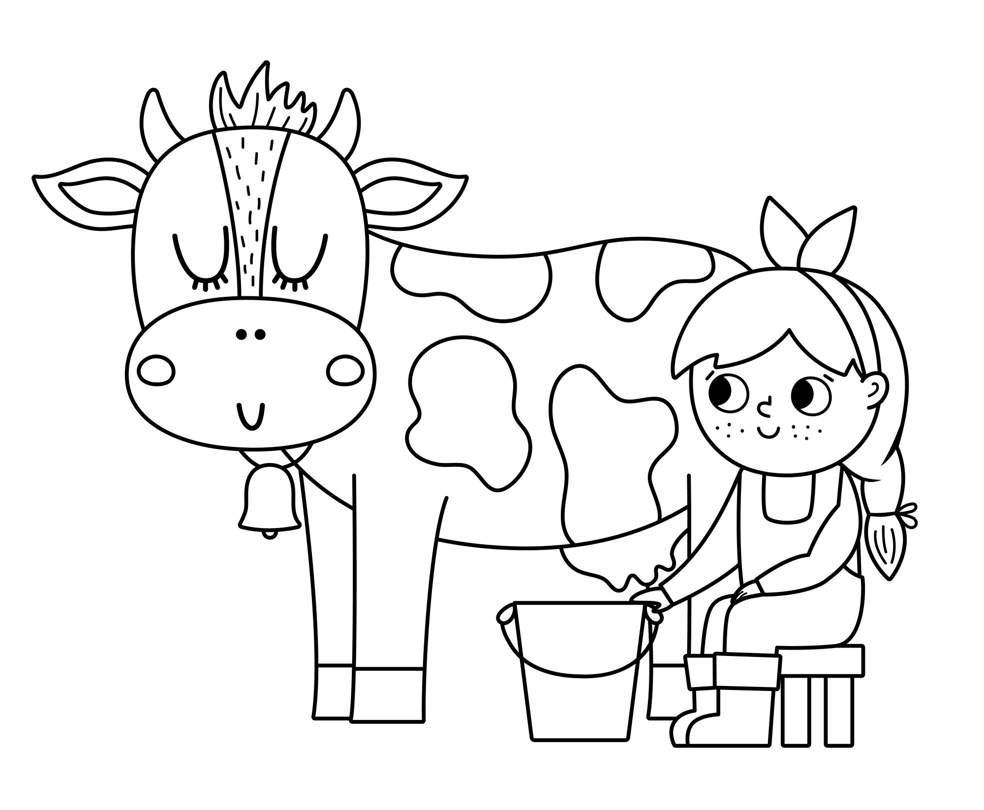 Раскраска для детей: доярка доит корову