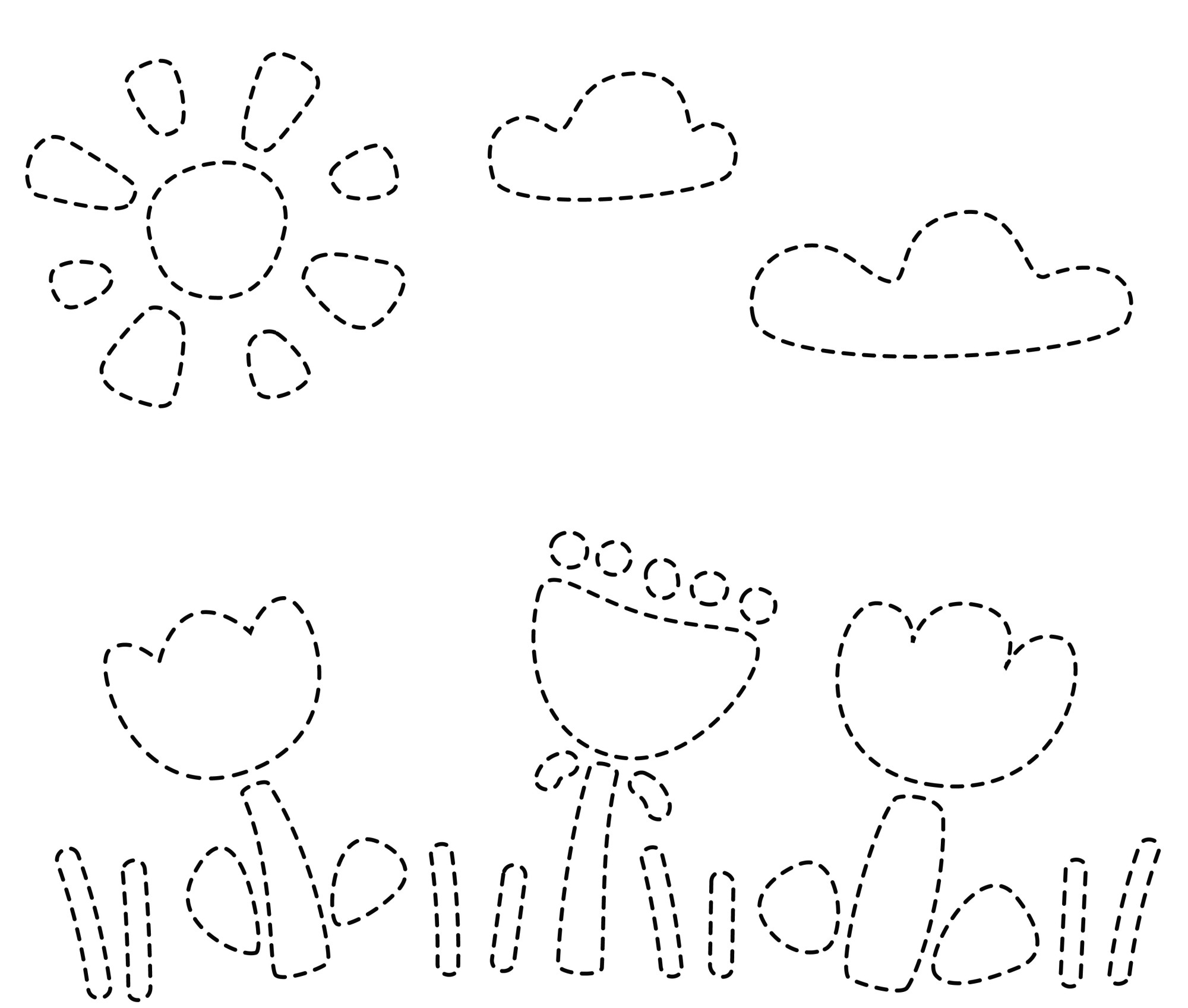 Раскраска для детей: цветы в поле на фоне облаков и солнца по точкам