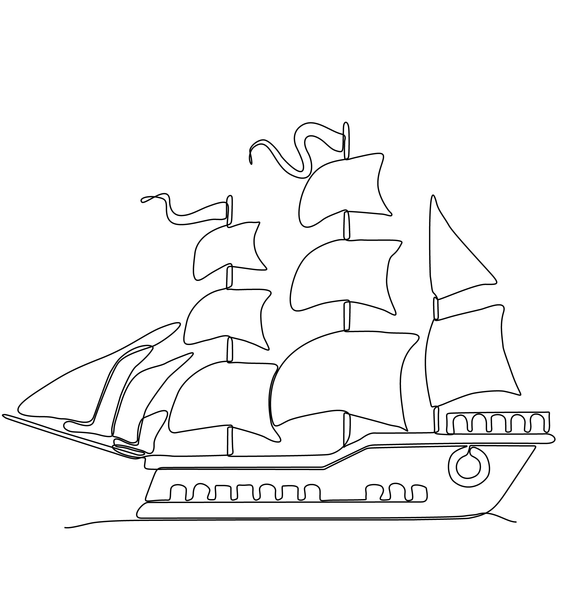 Раскраска для детей: рисунок корабль с парусами