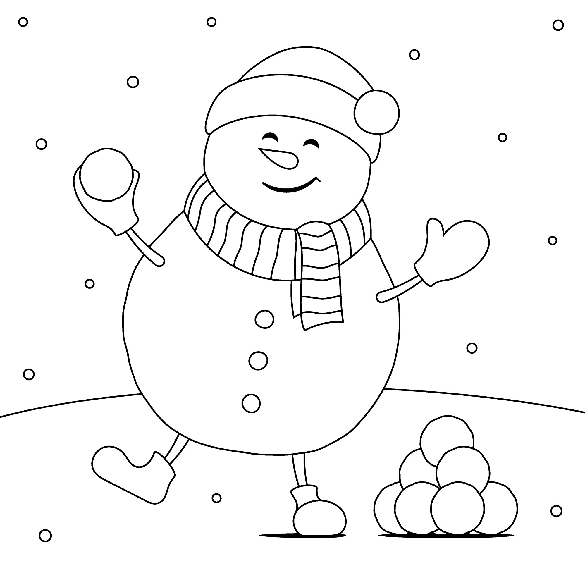 Раскраска для детей: счастливый снеговик играет в снежки