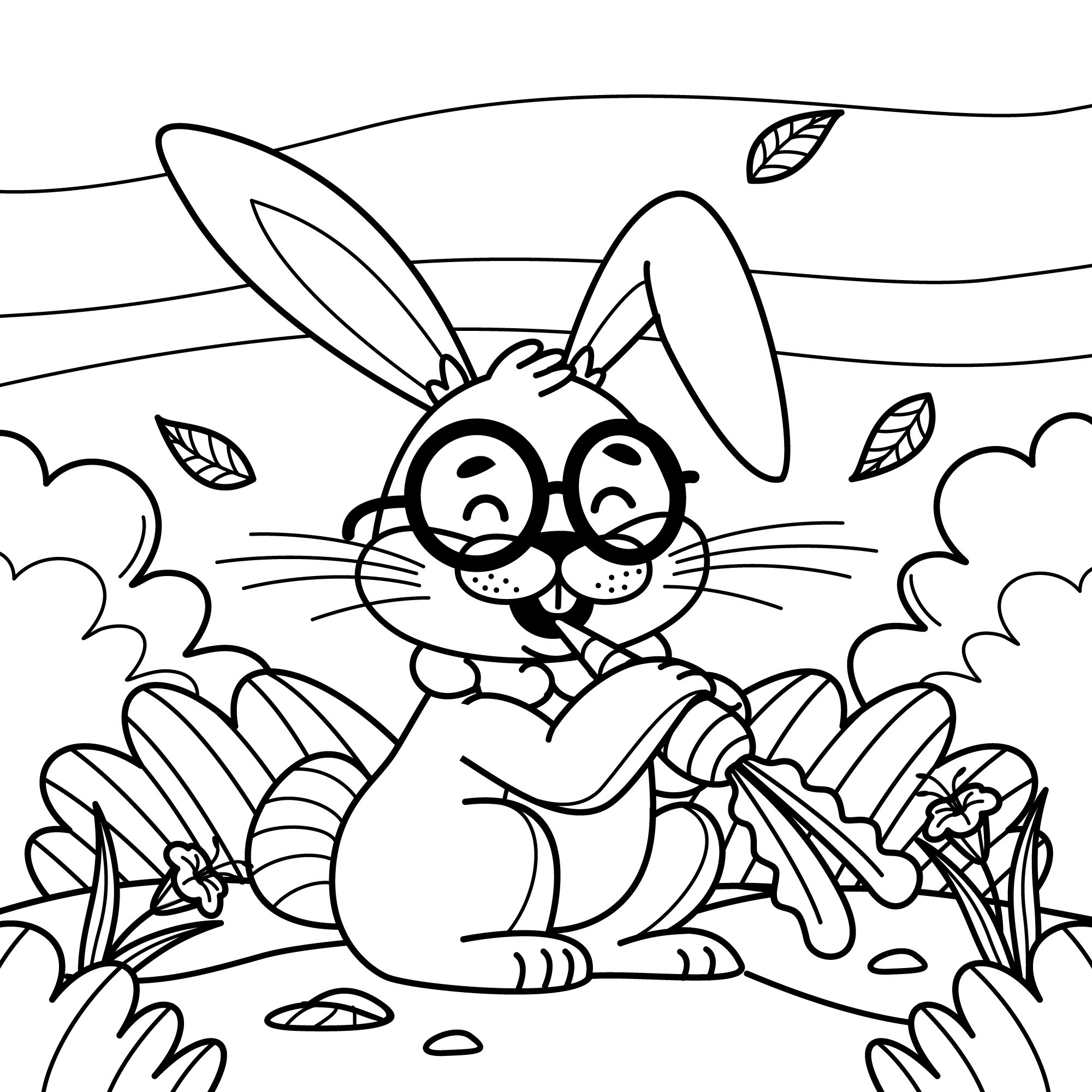 Раскраска для детей: заяц в очках грызет морковку