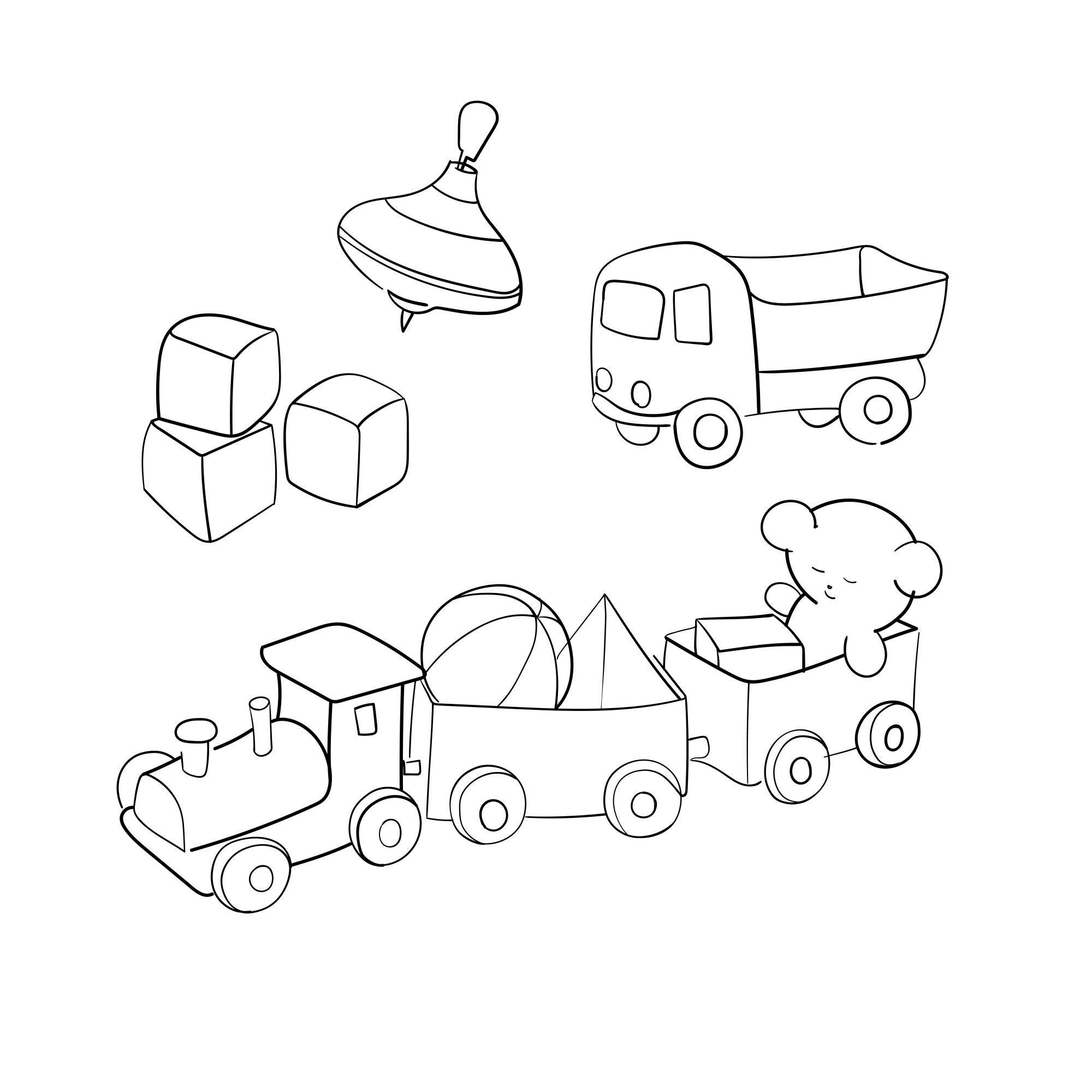 Раскраска для детей: игрушки для малышей: кубики, юла, грузовик и поезд с вагончиками