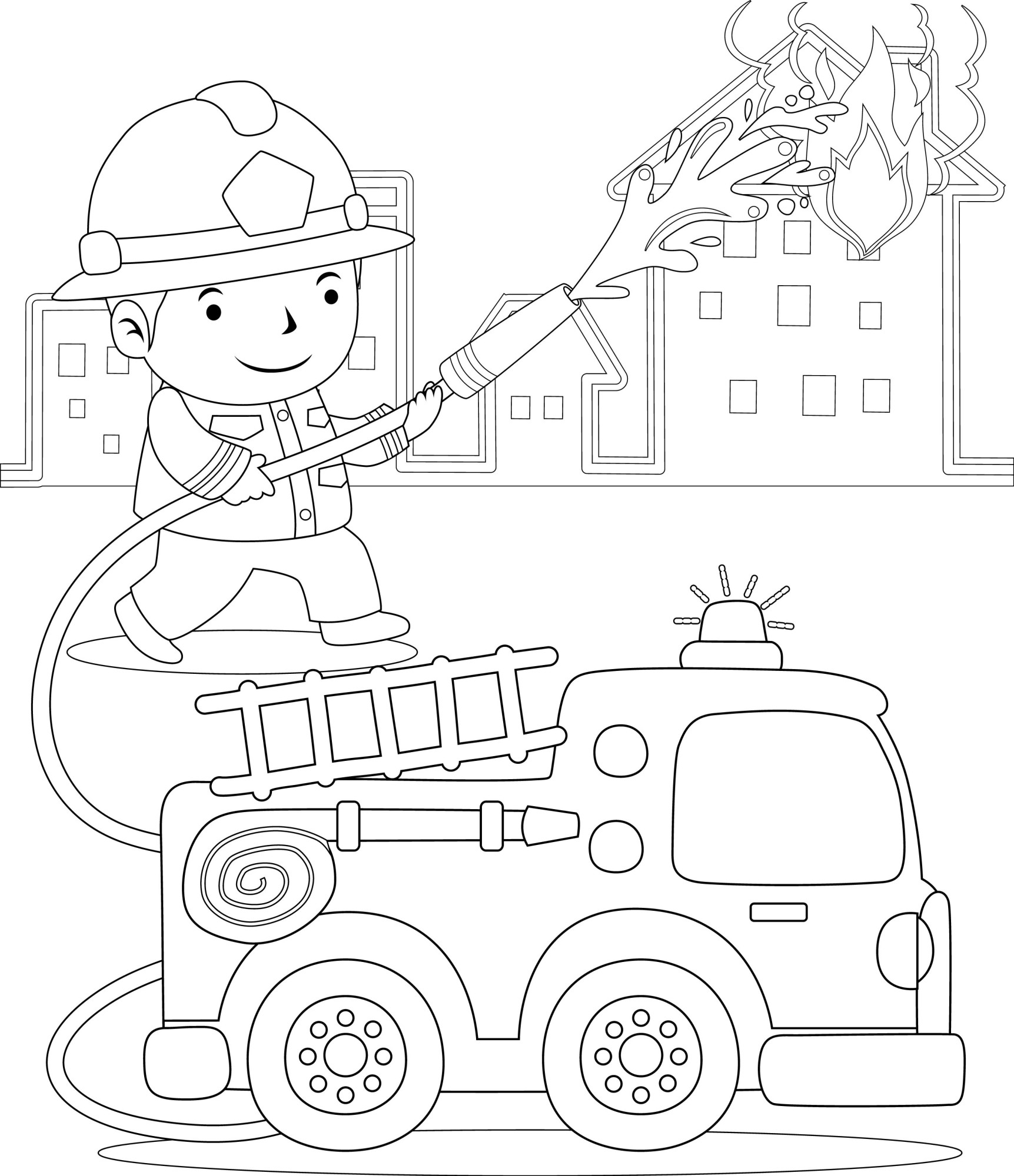 Раскраска для детей: пожарный тушит горящий дом