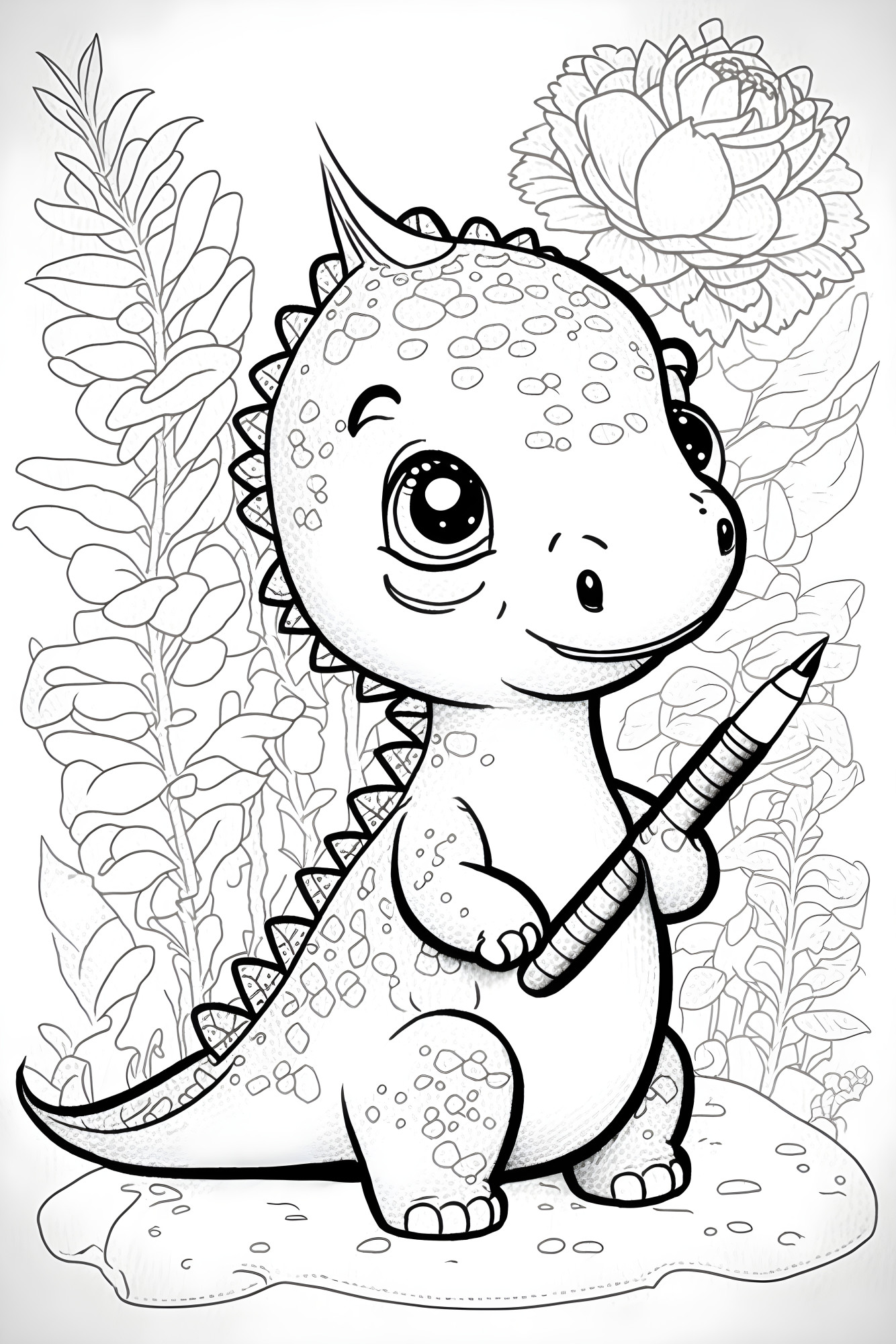 Раскраска для детей: малыш динозавр с карандашом в лапах