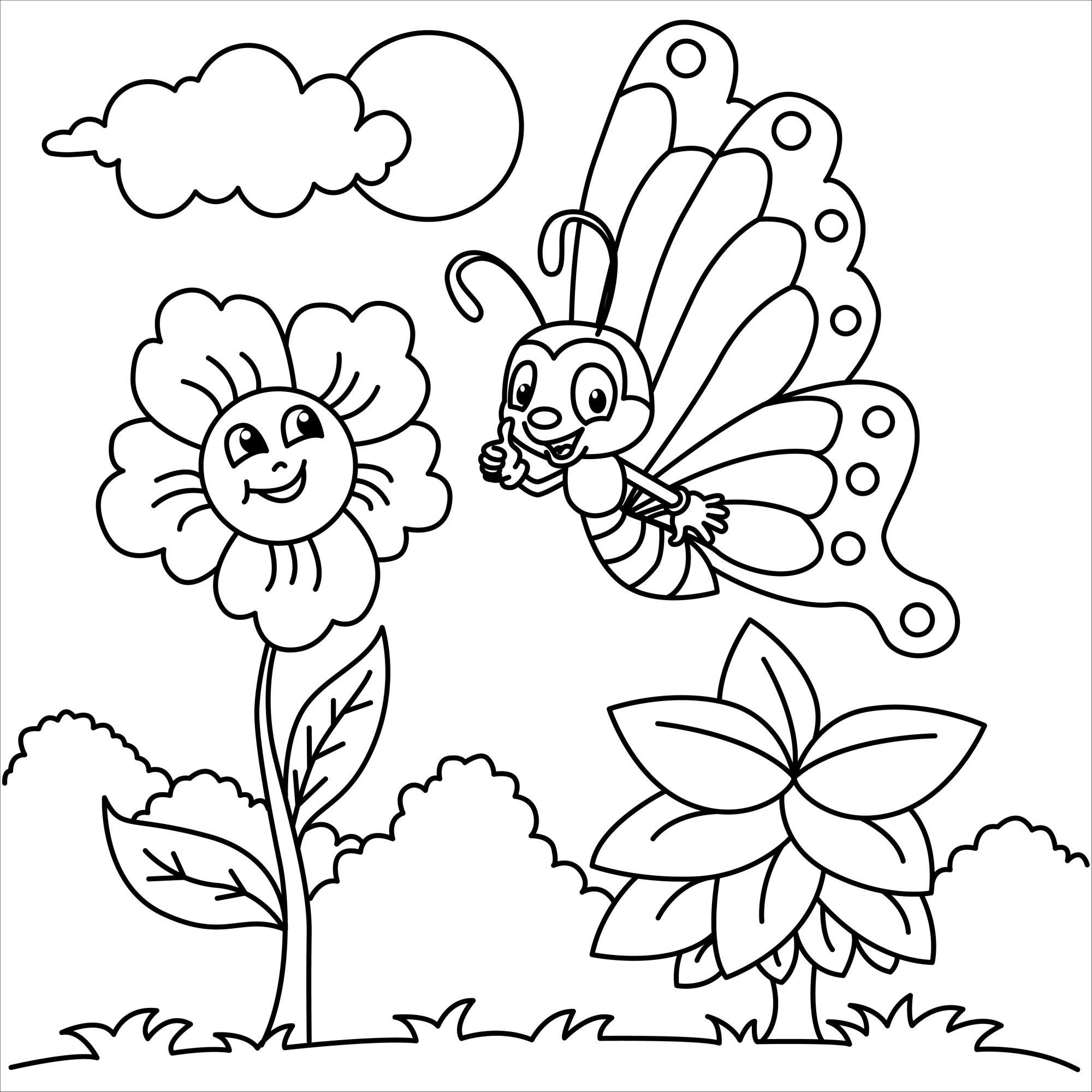 Раскраска для детей: смешная бабочка и подсолнух в поле