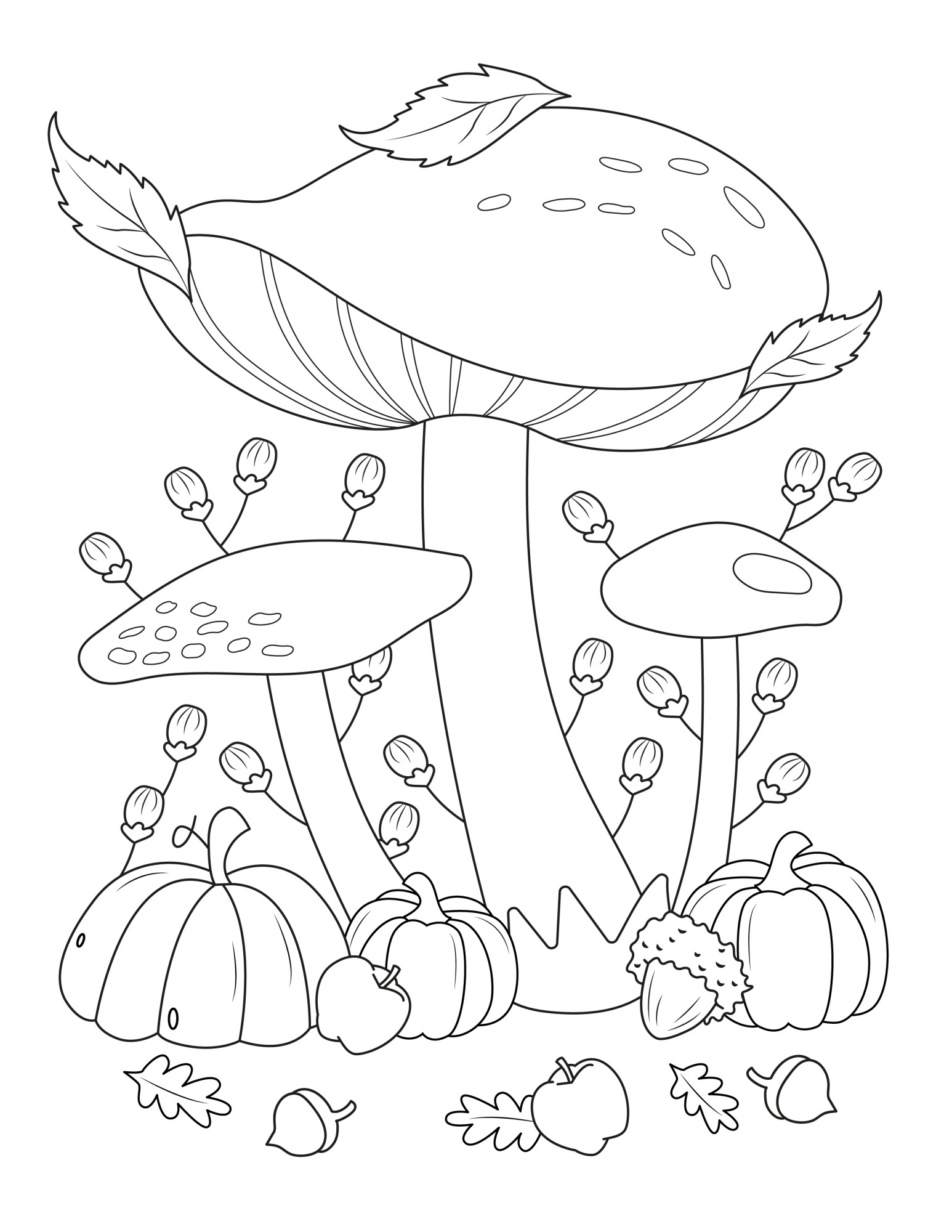 Раскраска для детей: большой гриб с листиками и овощами